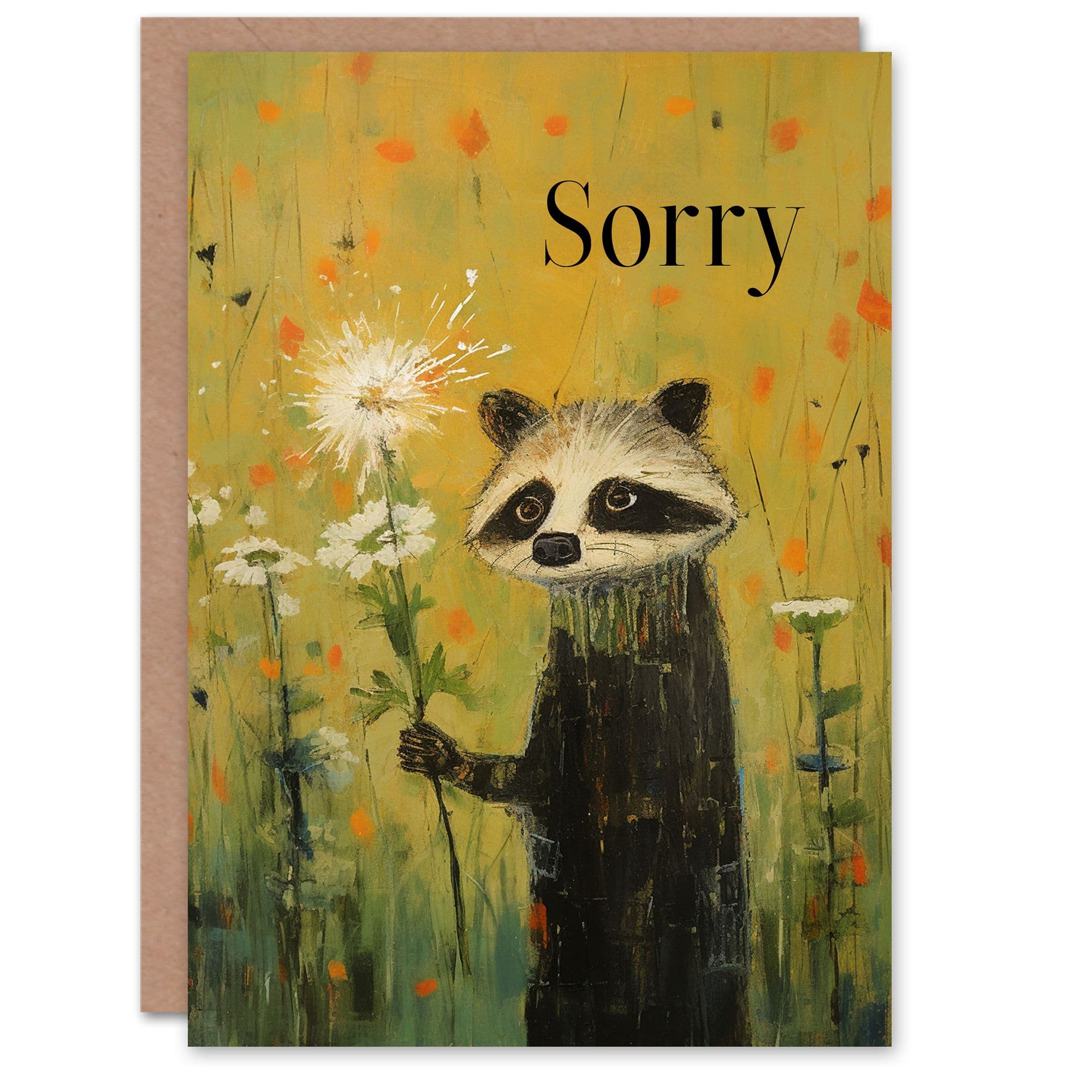 Fun Sorry Racoon Holding Daisy Flower Oil Painting Apology Card