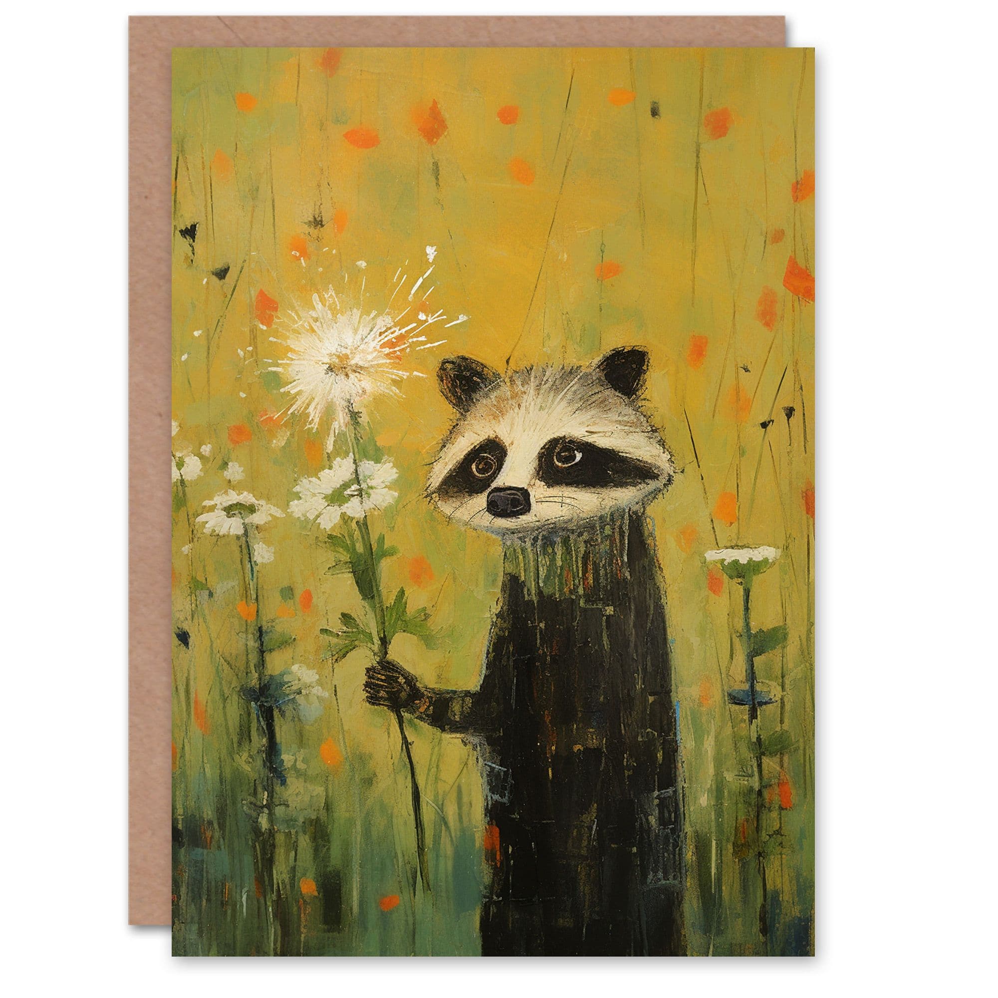 Racoon Holding Flower Daisy Meadow Oil Painting Birthday Card