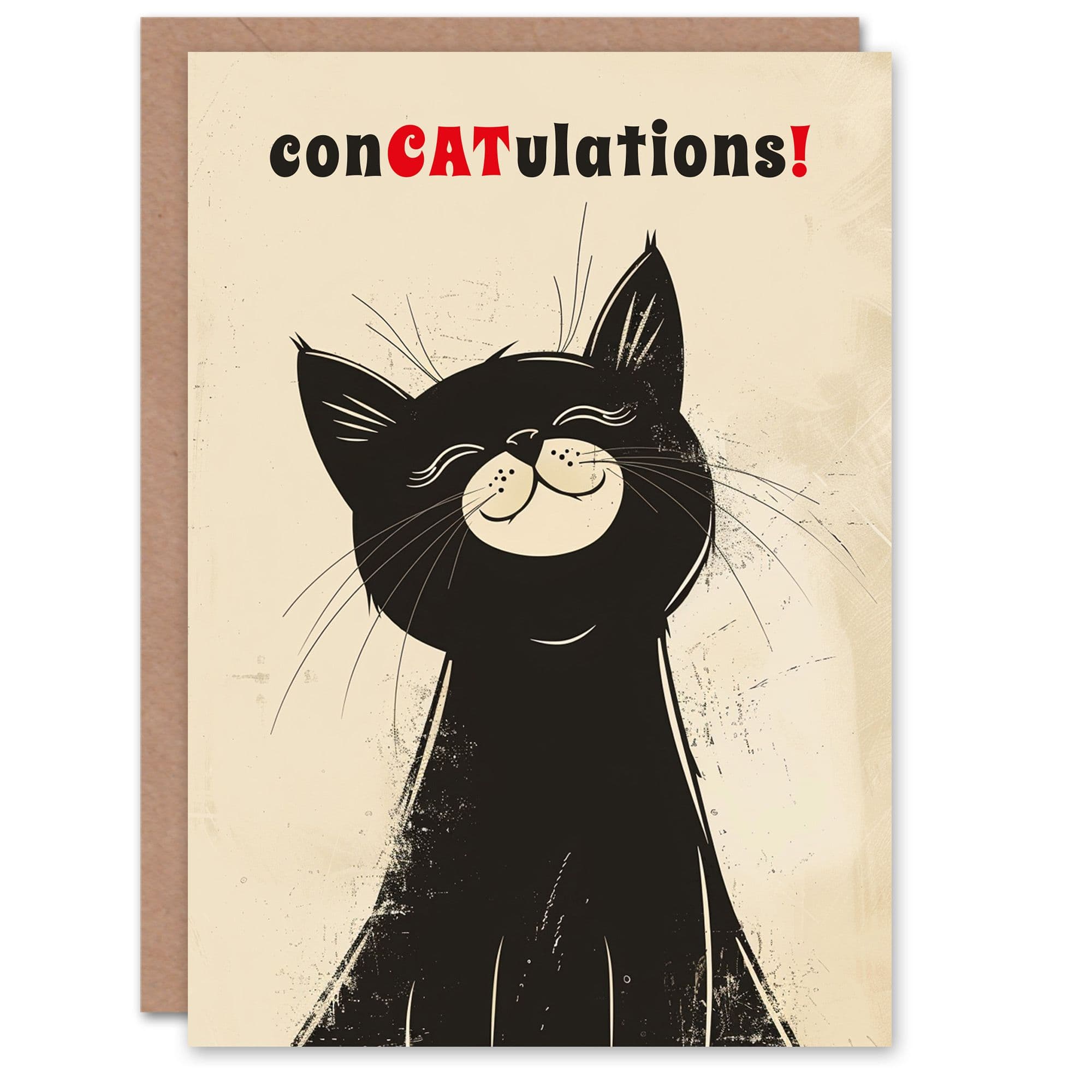 Smiling Black Kitty Retro Cartoon Cat Lover Pun Congratulations Card