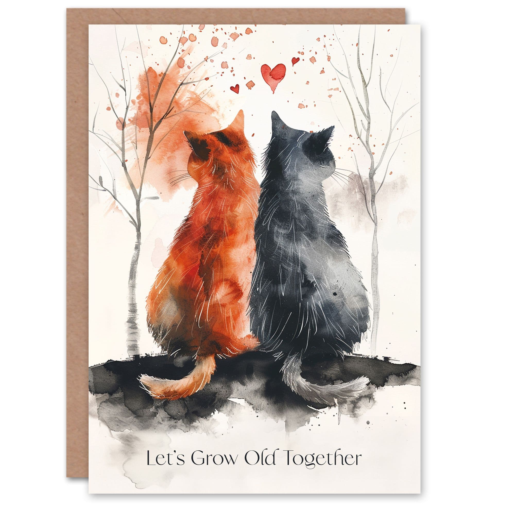 Cat Lover Grow Old Together Autumn Watercolour Valentine's Day Card