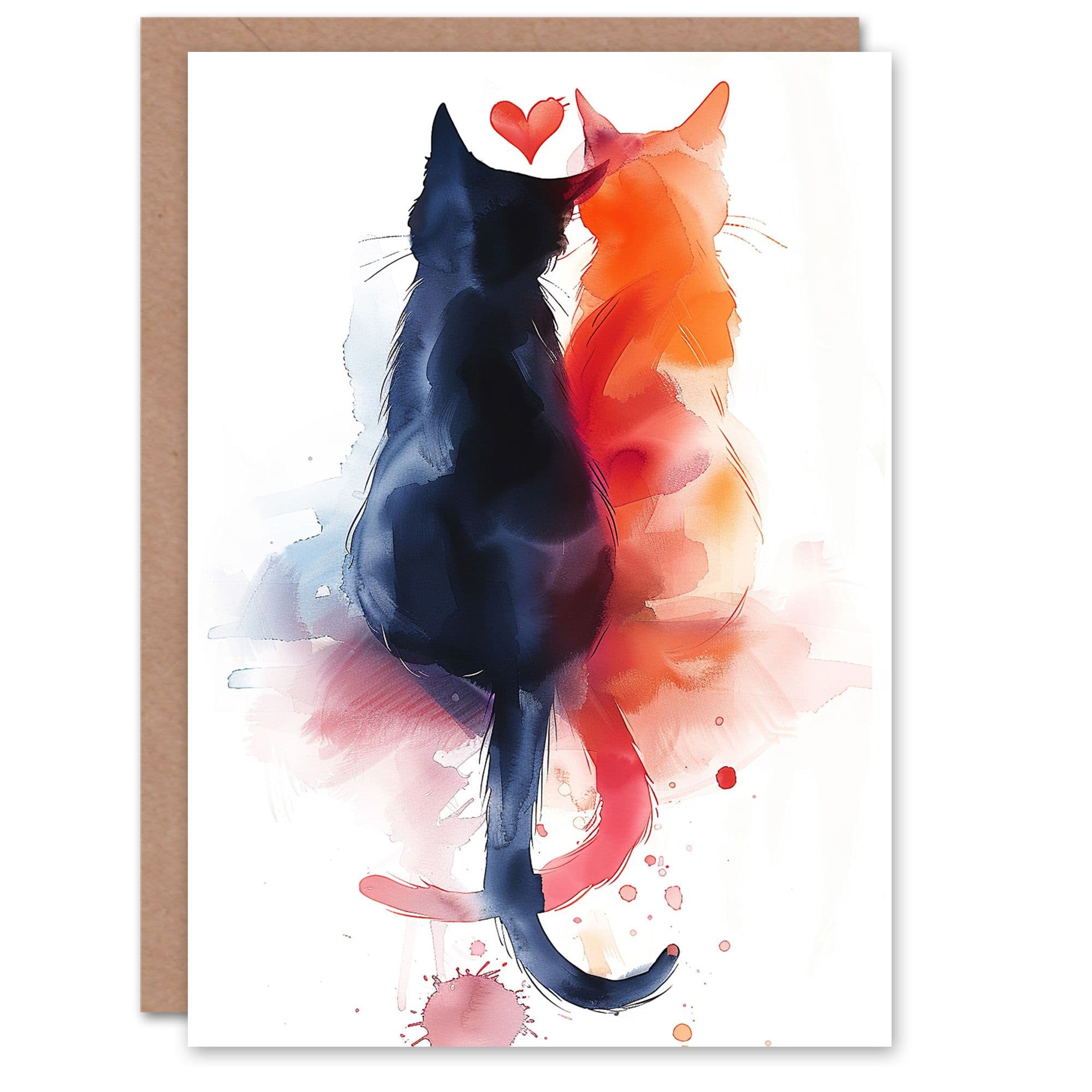 Two Cats Love Cute Couple Watercolour Valentines Day Card