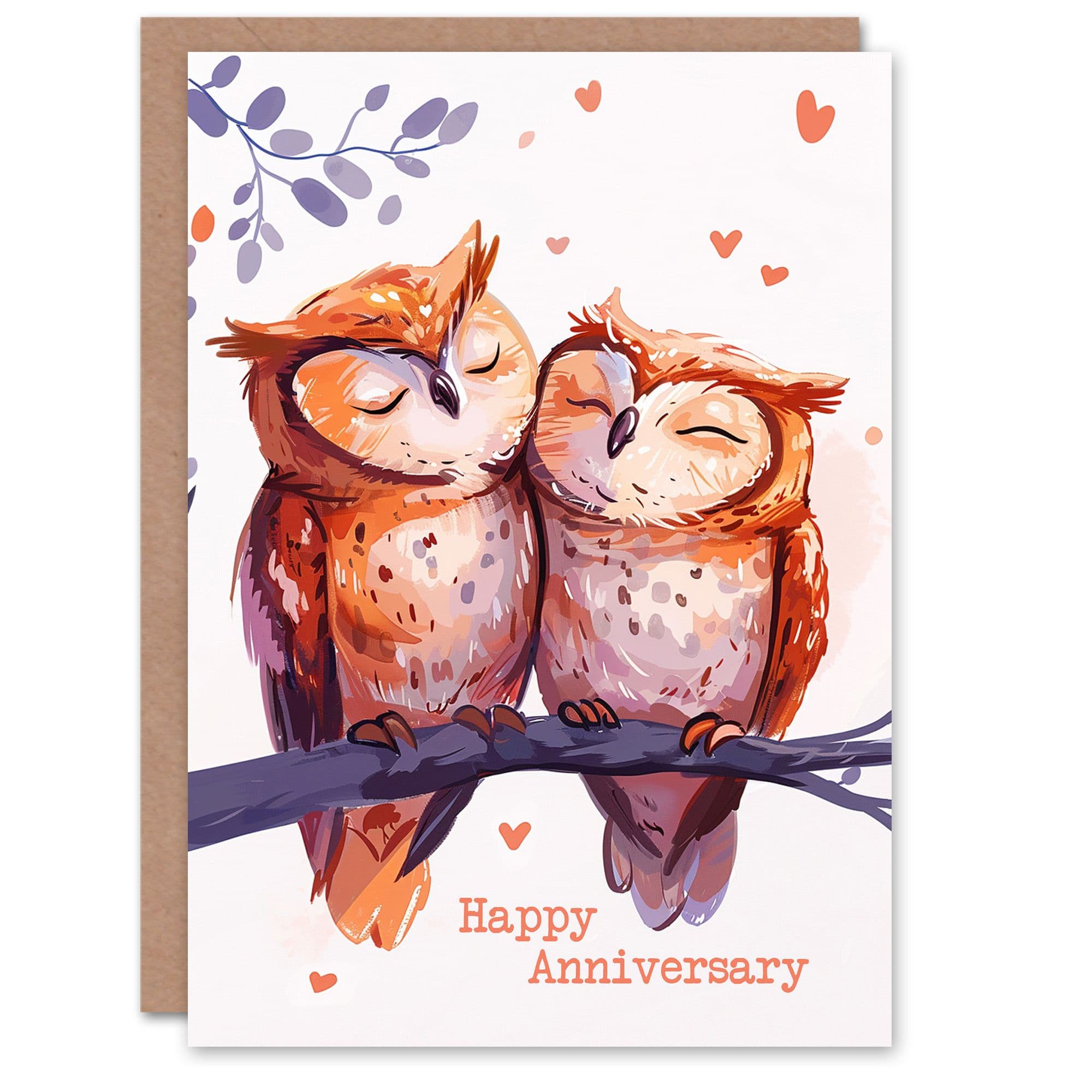 Two Cute Horned Owl Birds Love Bright Sweet Anniversary Card