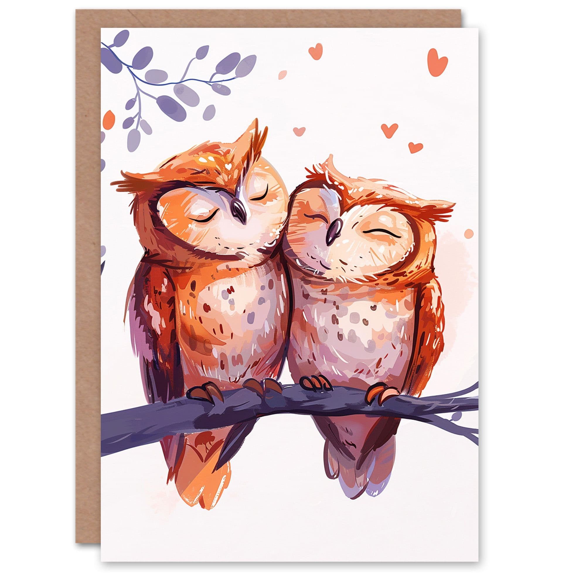 Two Cute Horned Owl Birds Love Bright Sweet Birthday Card