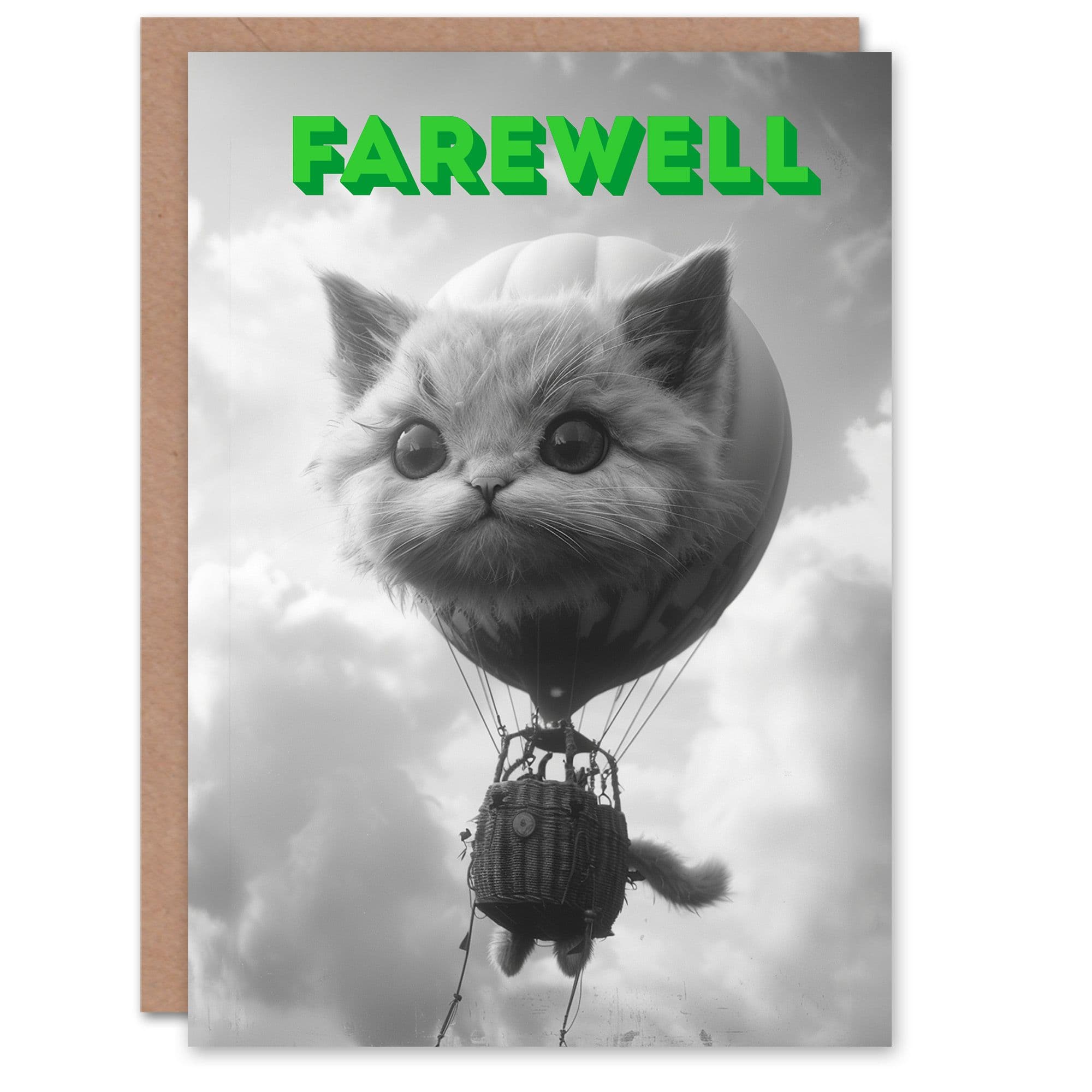 Surreal Cat Lover Air Balloon Travel White Farewell Card