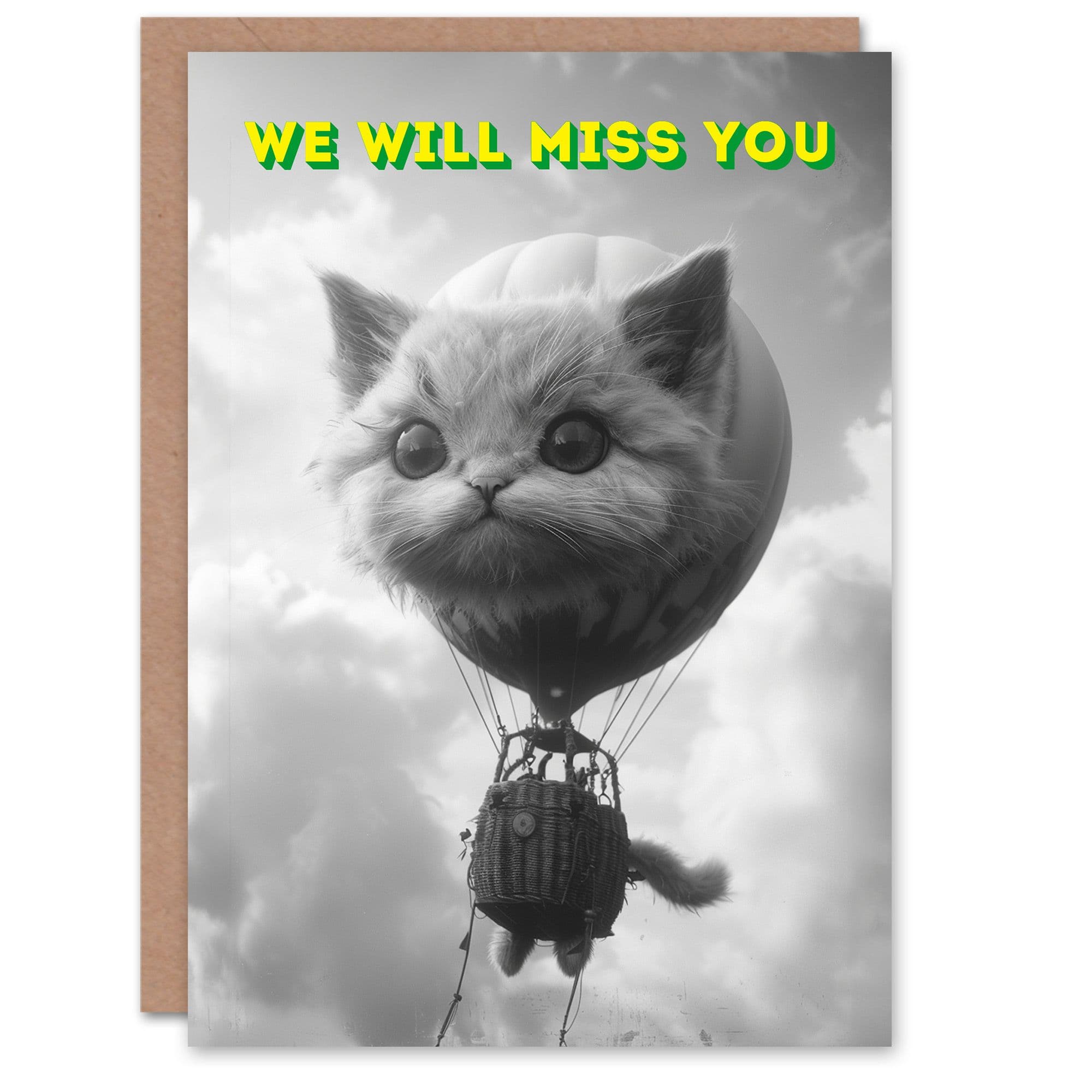 Surreal Cat Lover Air Balloon Travel Black White Miss You Card