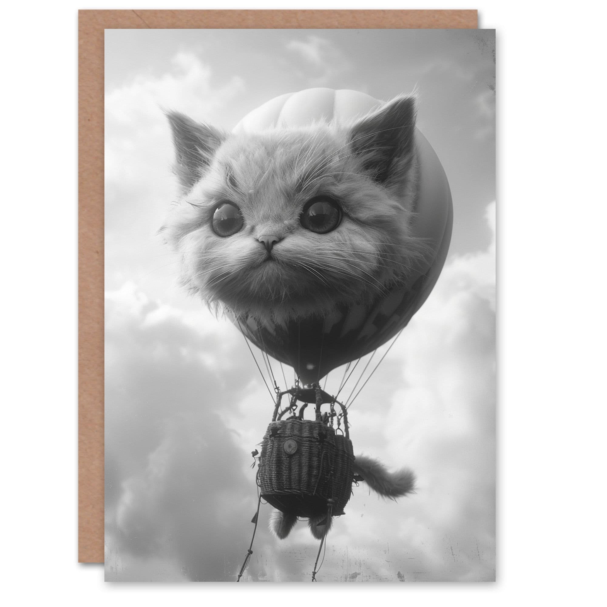 Surreal Cat Lover Air Balloon Travel Black White Birthday Card