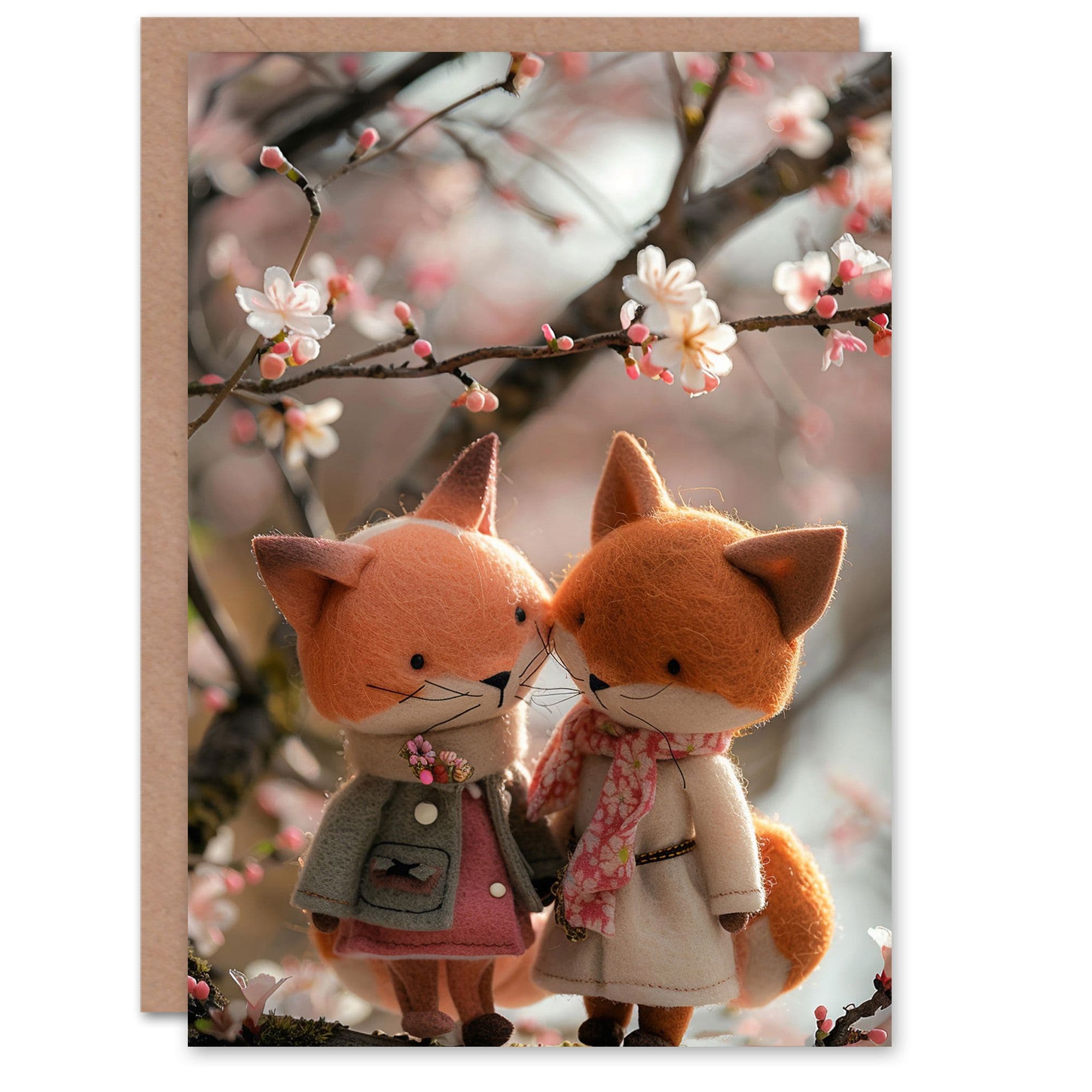 Cute Felt Fox Couple Under Cherry Blossom Tree Birthday Card
