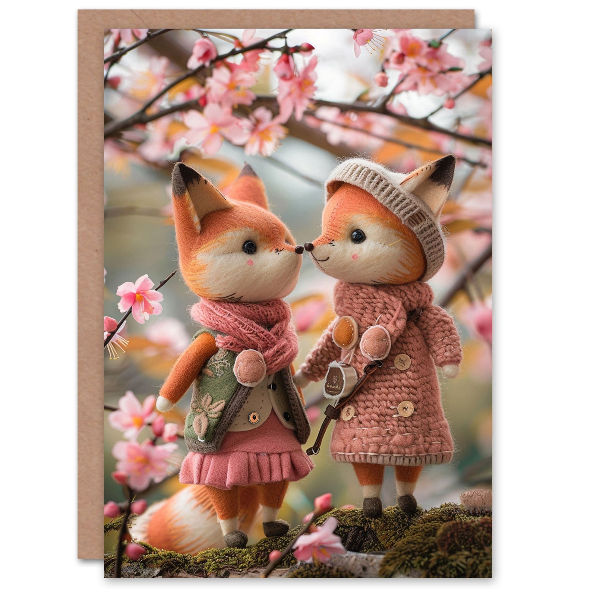 Cute Felt Foxes Love Kiss Floral Forest Walk Birthday Card