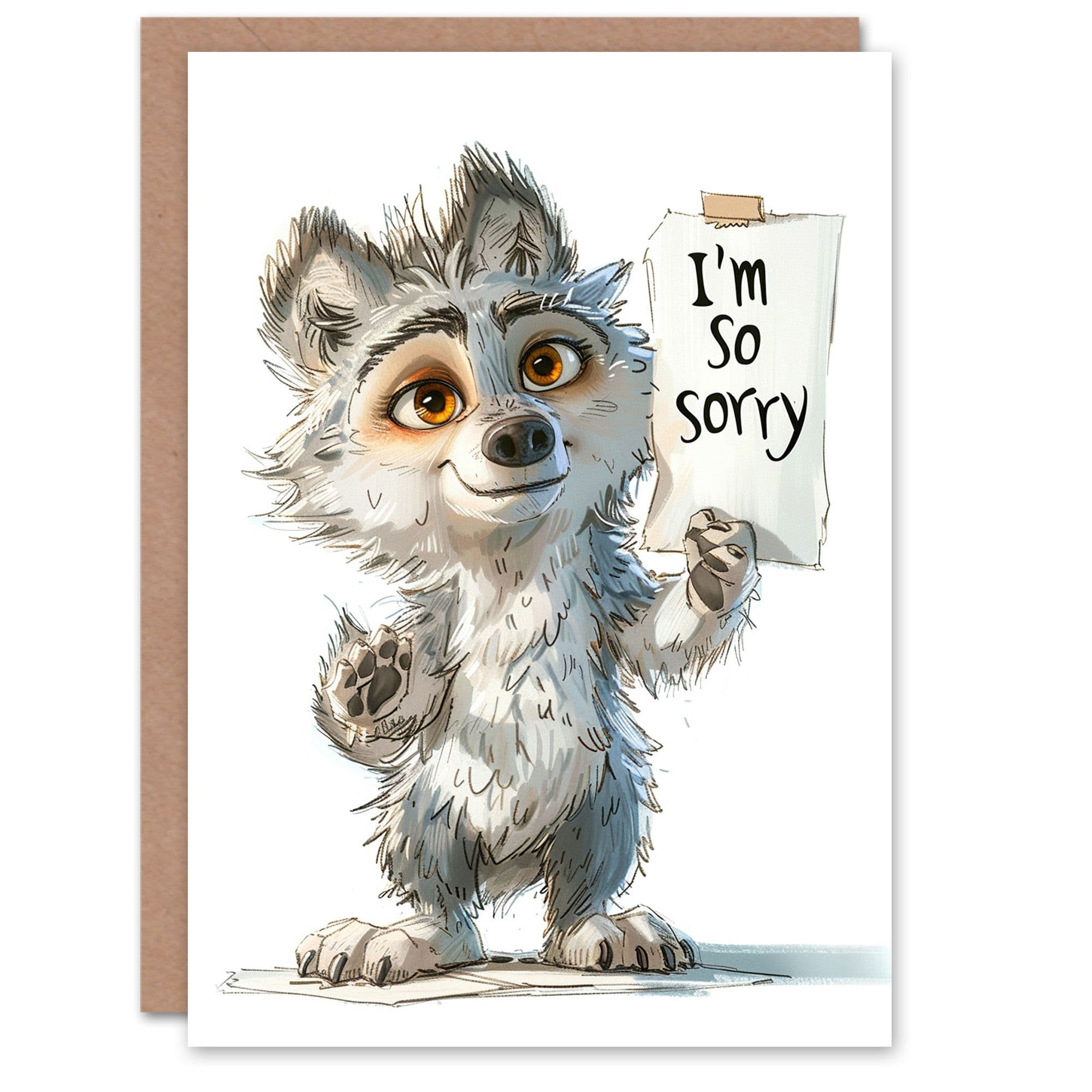Cute Cheeky Wolf Pup Holding Sorry Sign Cartoon Apology Card