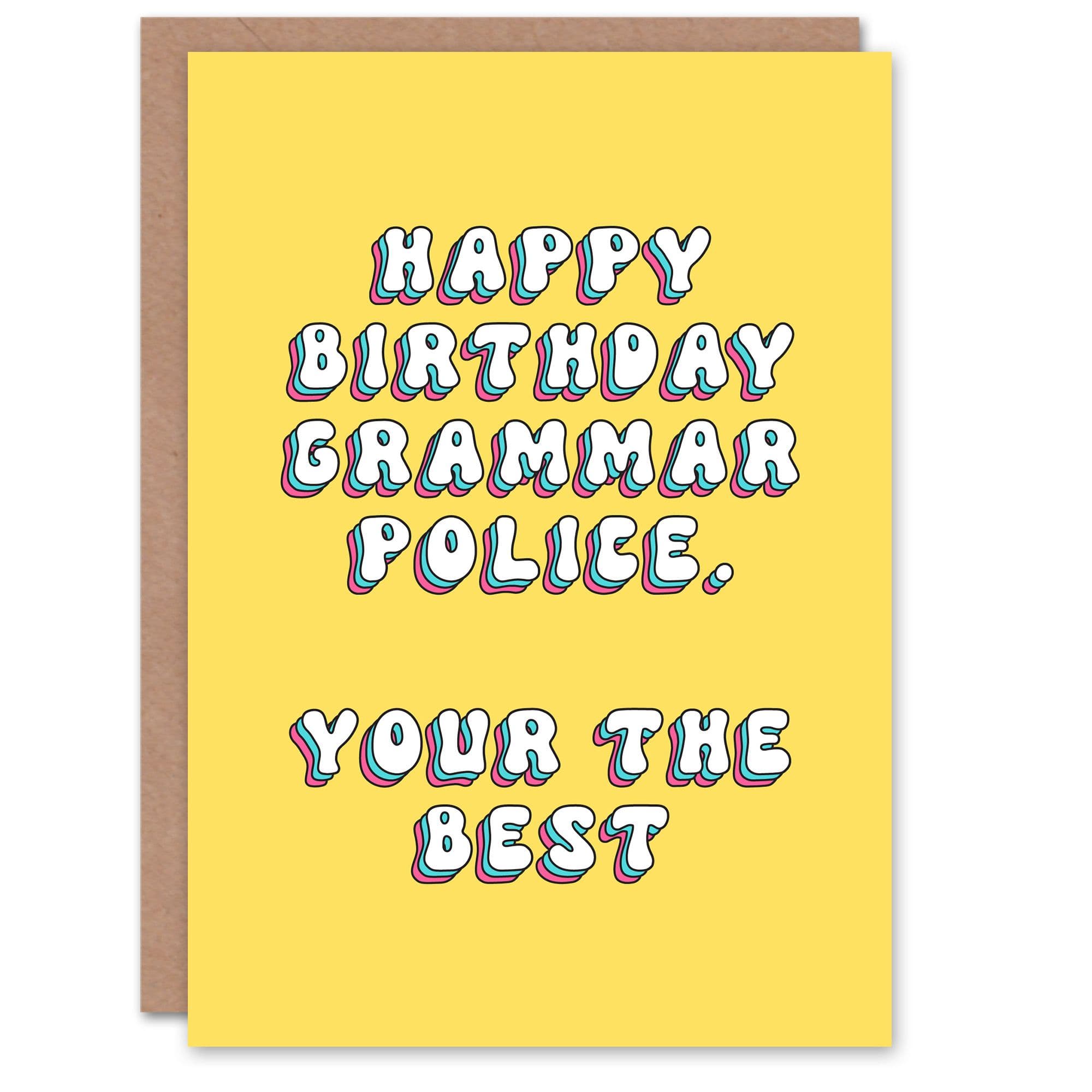 Greeting Card Grammar Police Cheeky Funny Retro Yellow Birthday