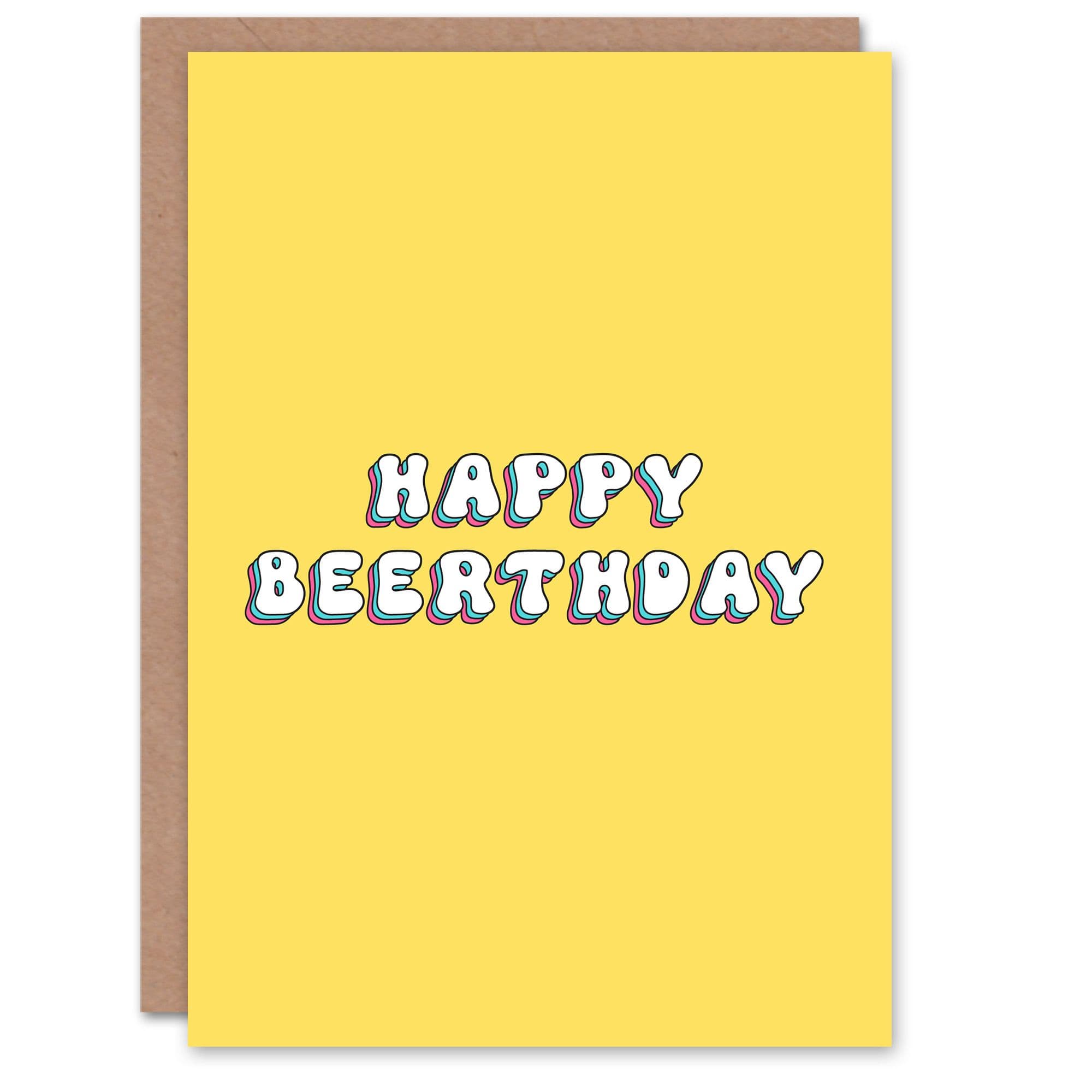 Greeting Card Happy Beerthday Beer Pun Simple Retro Yellow Birthday