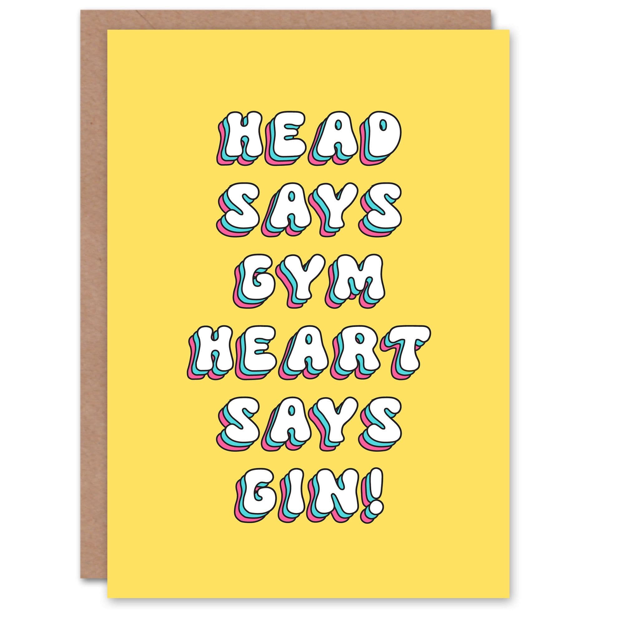 Greeting Card Head Says Gym Heart Gin Funny Retro Yellow Birthday