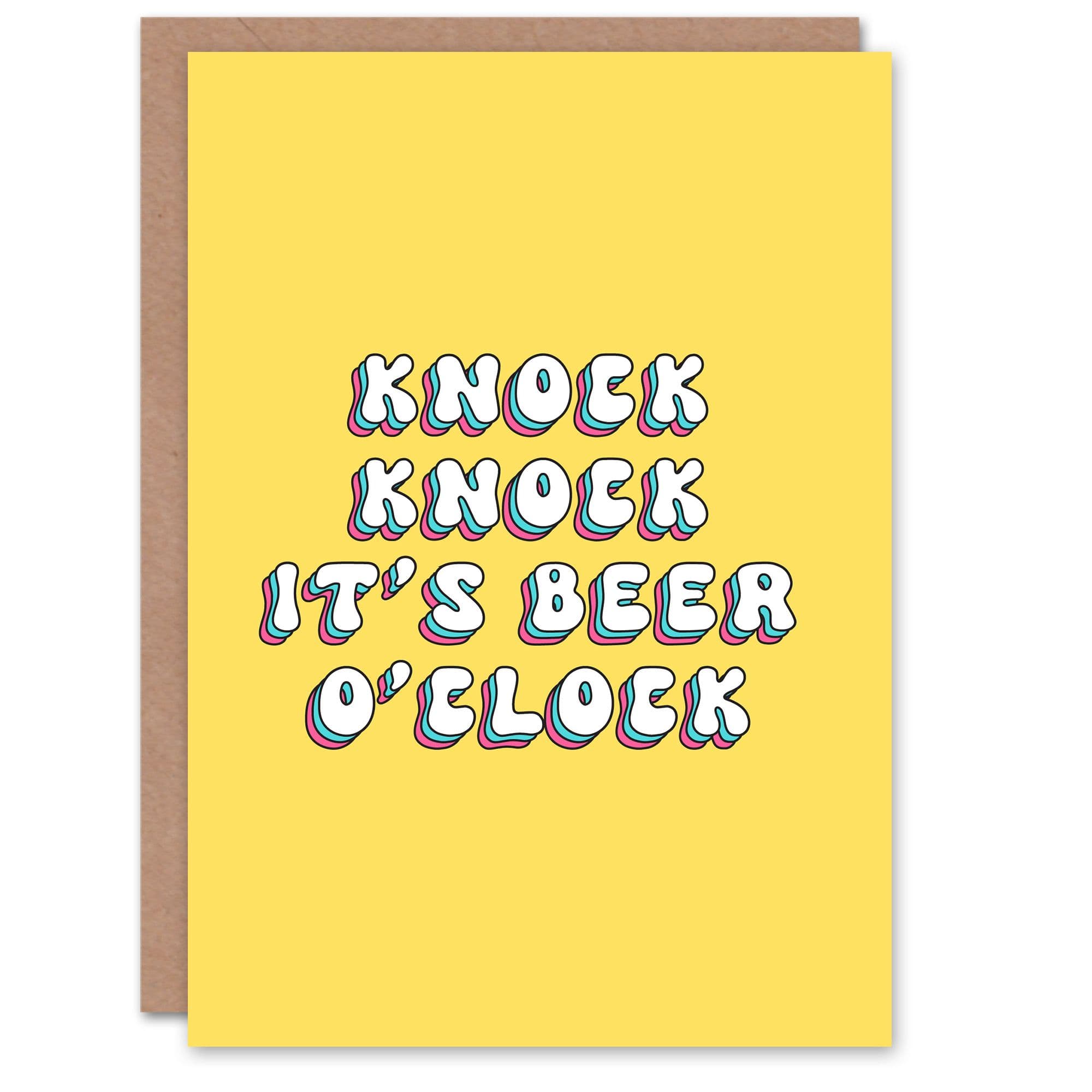 Greeting Card Its Beer O'clock Bright Retro Yellow Birthday