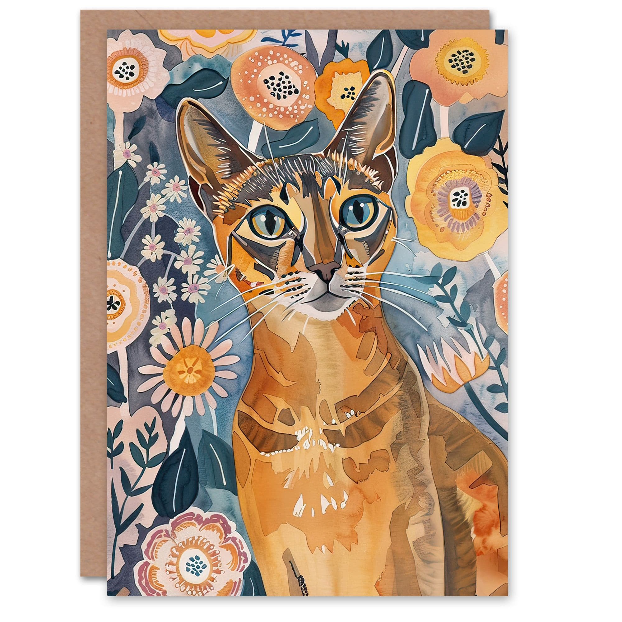 Greeting Card Cat Lover Abyssinian Floral Watercolour Folk Art