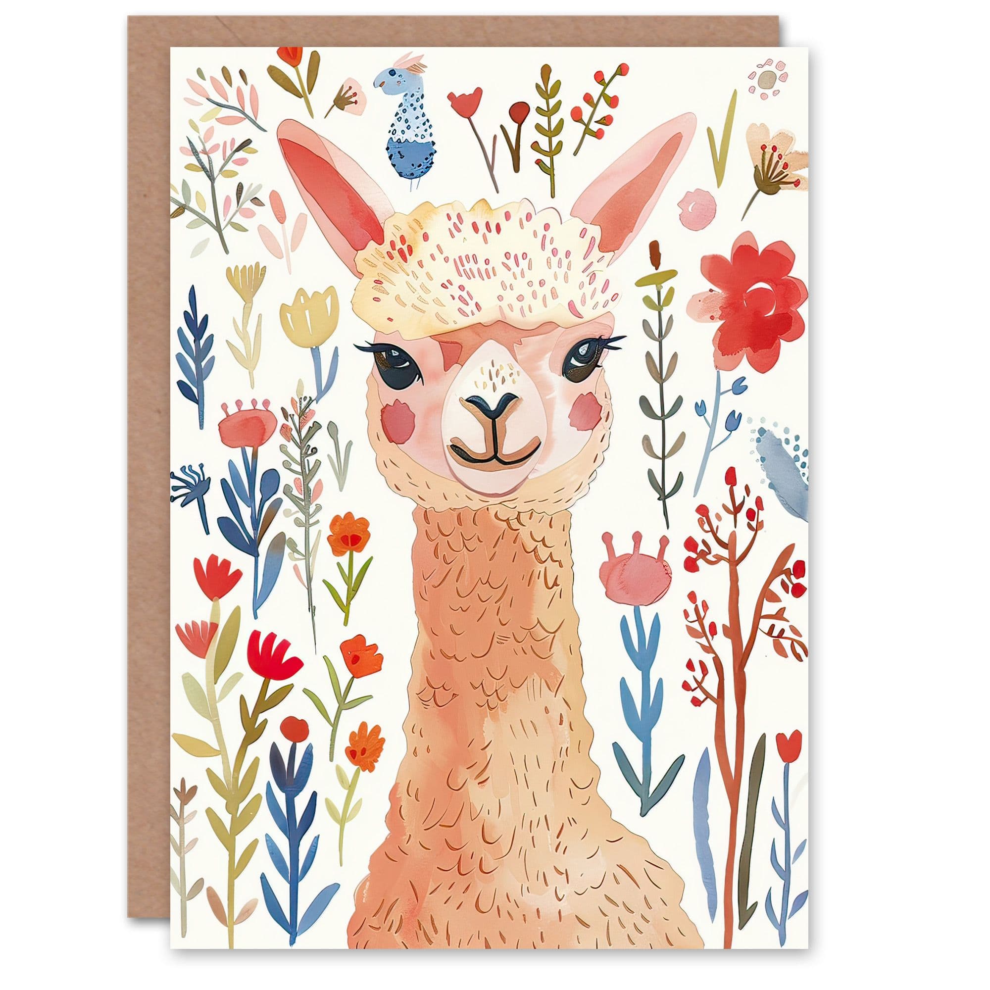 Greeting Card Cute Happy Alpaca Bright Floral Watercolour Birthday