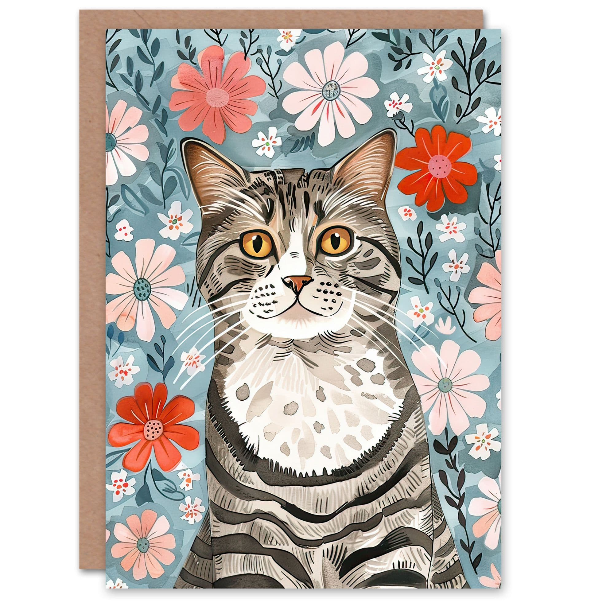 Greeting Card Cat Lover American Shorthair Floral Portrait Birthday