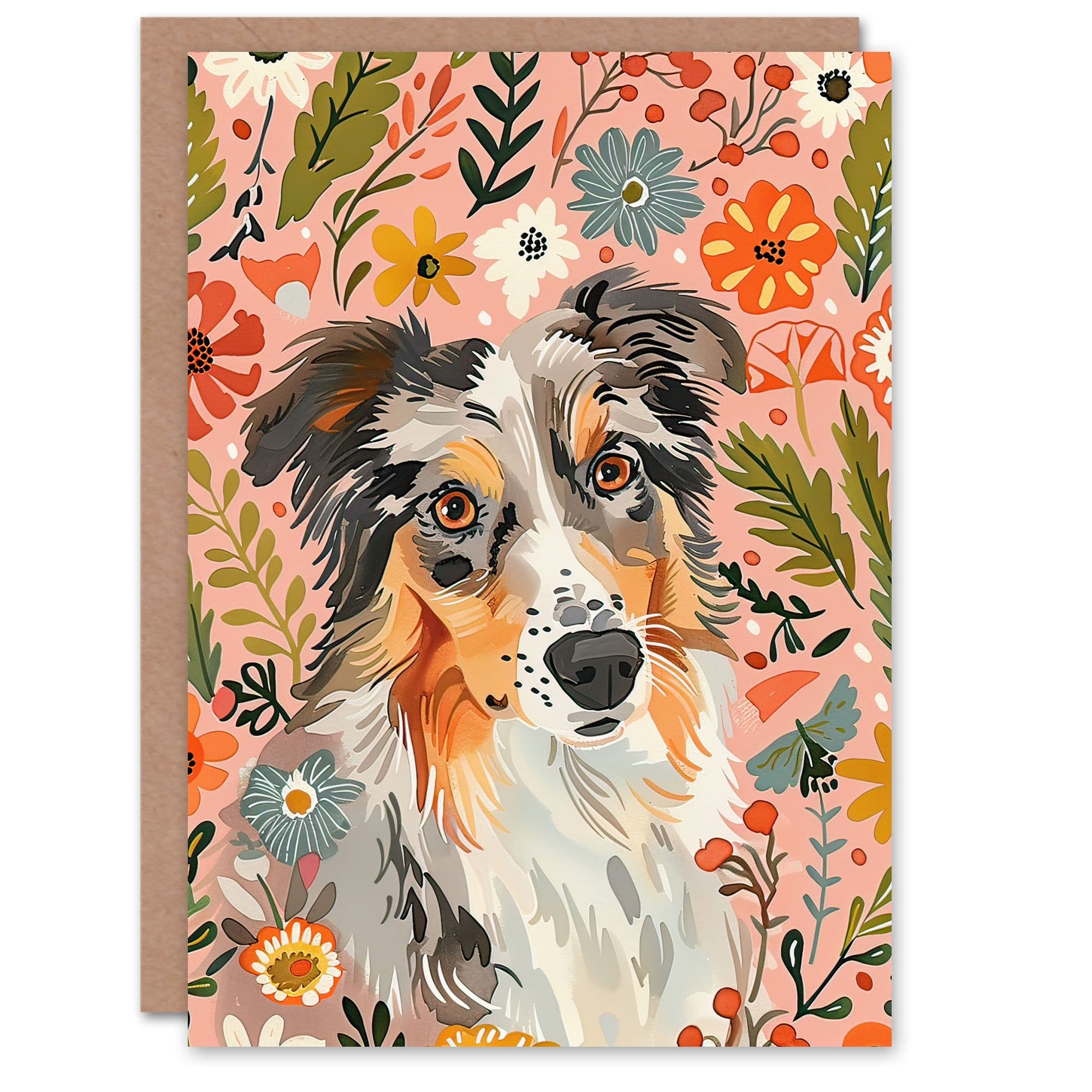 Greeting Card Australian Sheepdog Floral Portrait Watercolour Birthday