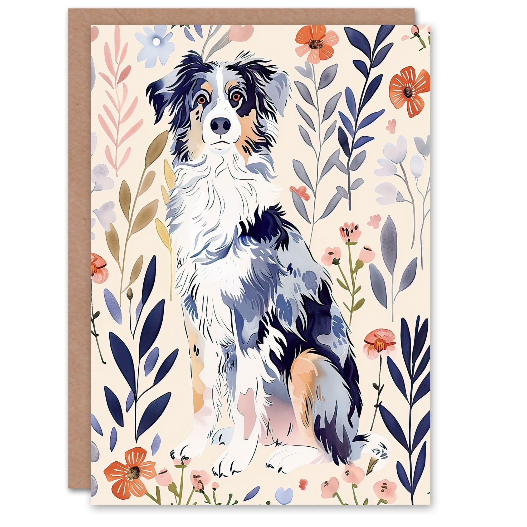 Greeting Card Dog Lover Australian Sheepdog Floral Portrait Birthday