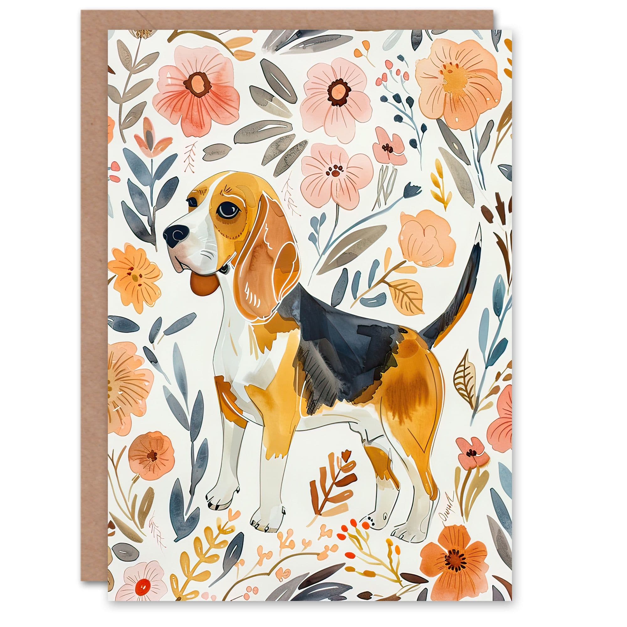 Greeting Card Cute Beagle Puppy Dog Lover Floral Watercolour Birthday
