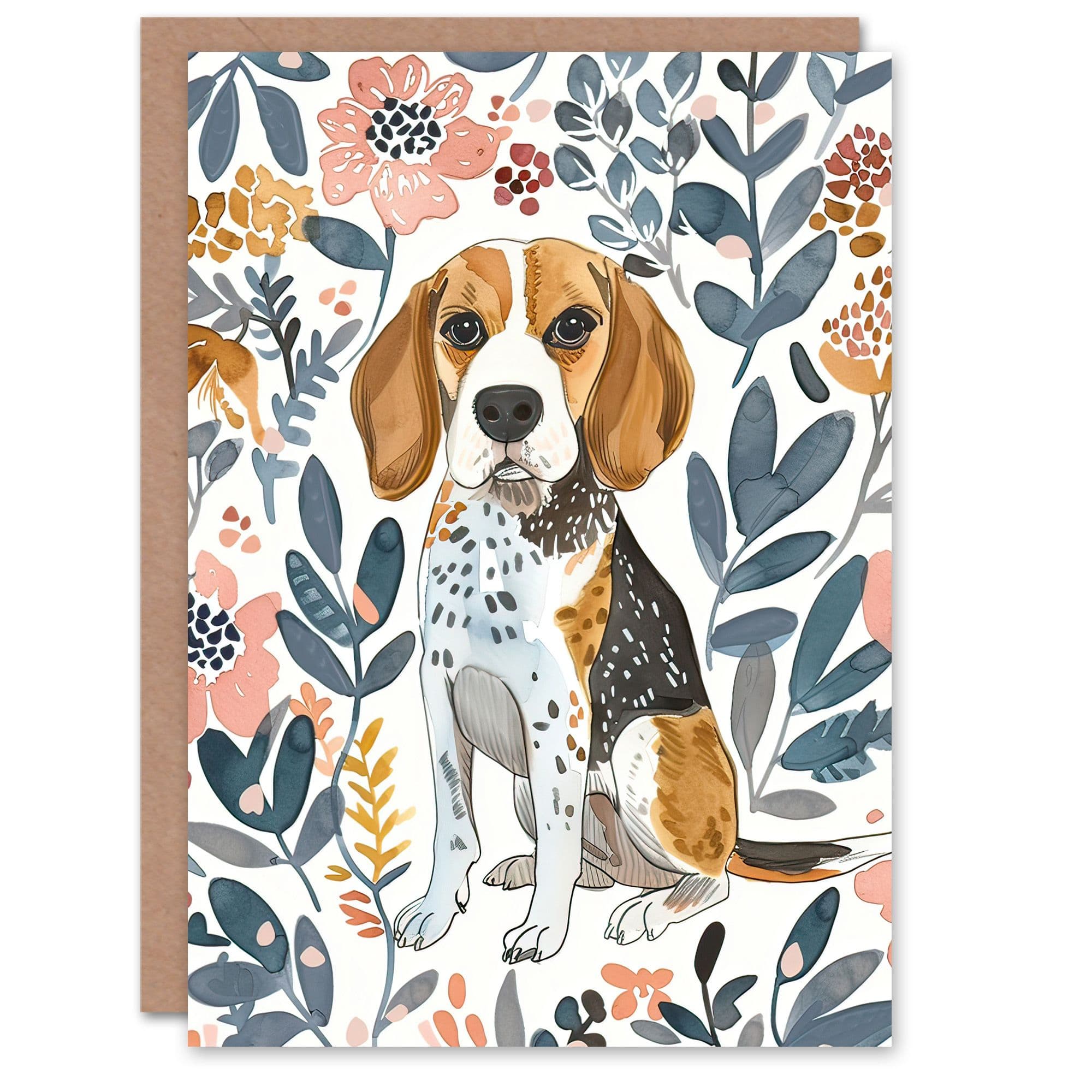 Greeting Card Dog Lover Beagle Flower Garden Watercolour Birthday