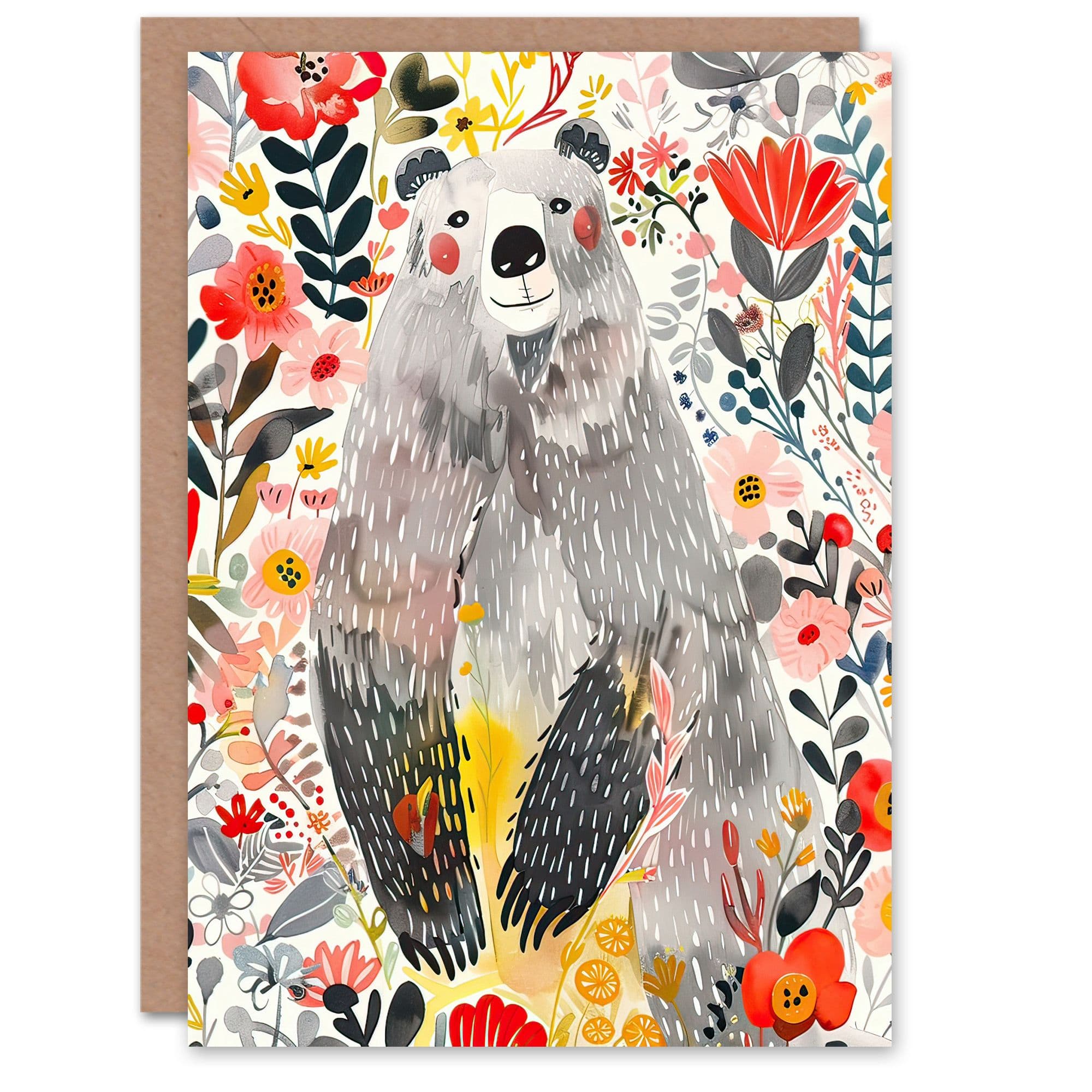 Greeting Card Cute Happy Bear Wildflowers Folk Art Birthday