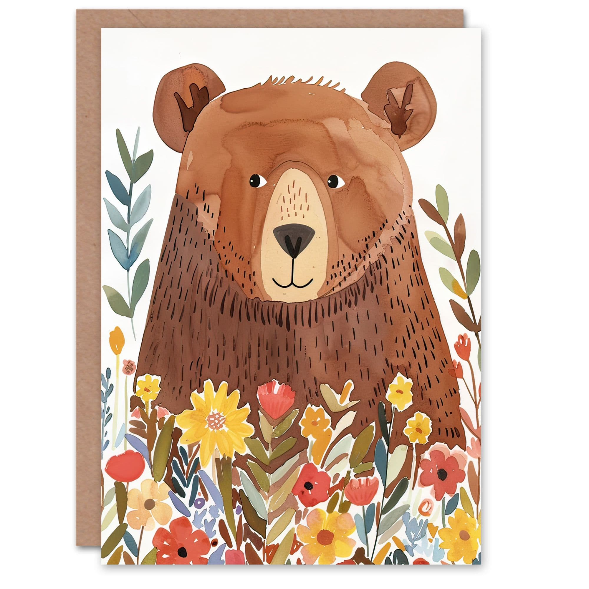 Greeting Card Happy Bear Wildflower Patch Watercolour