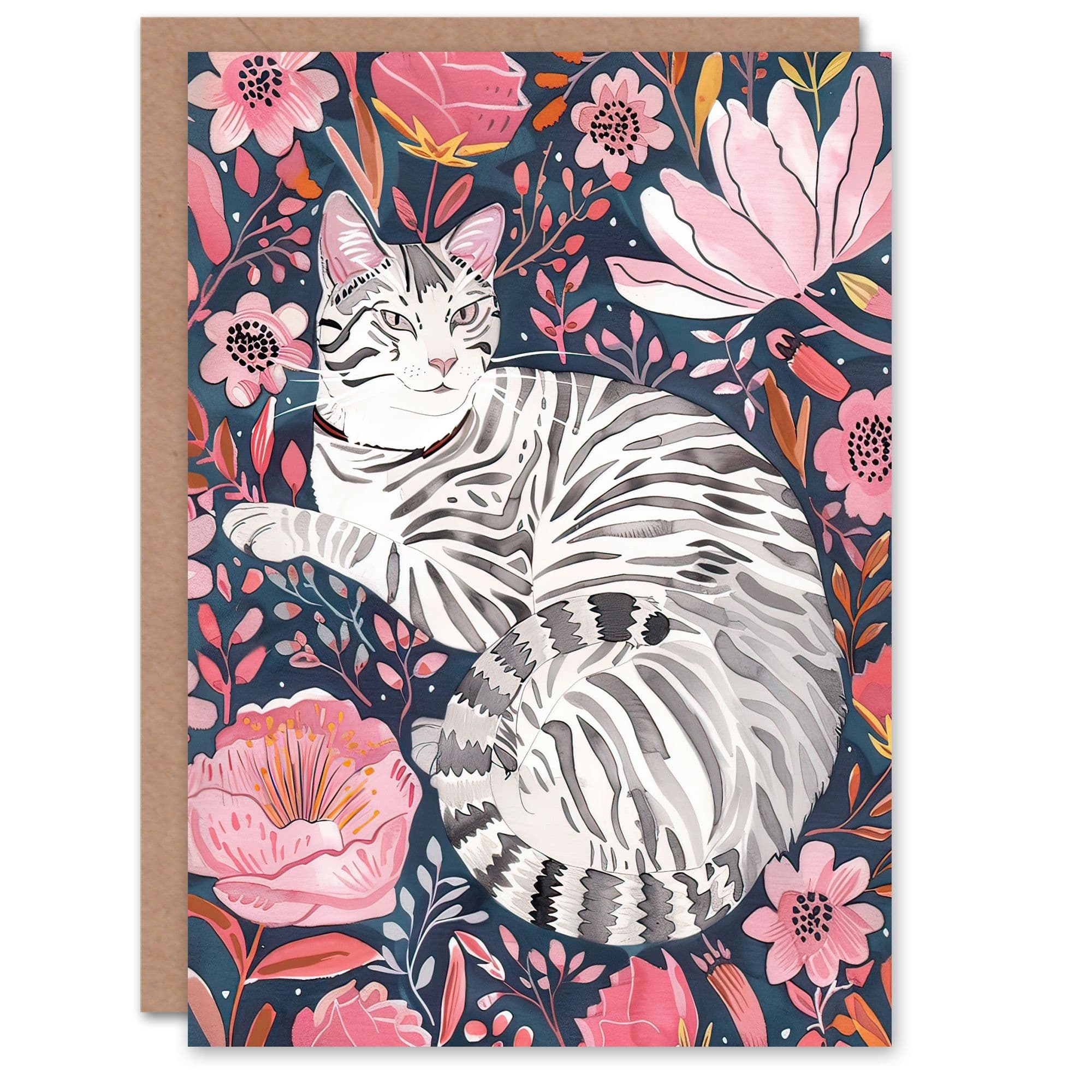 Greeting Card Striped Cat Laying Wildflowers Watercolour