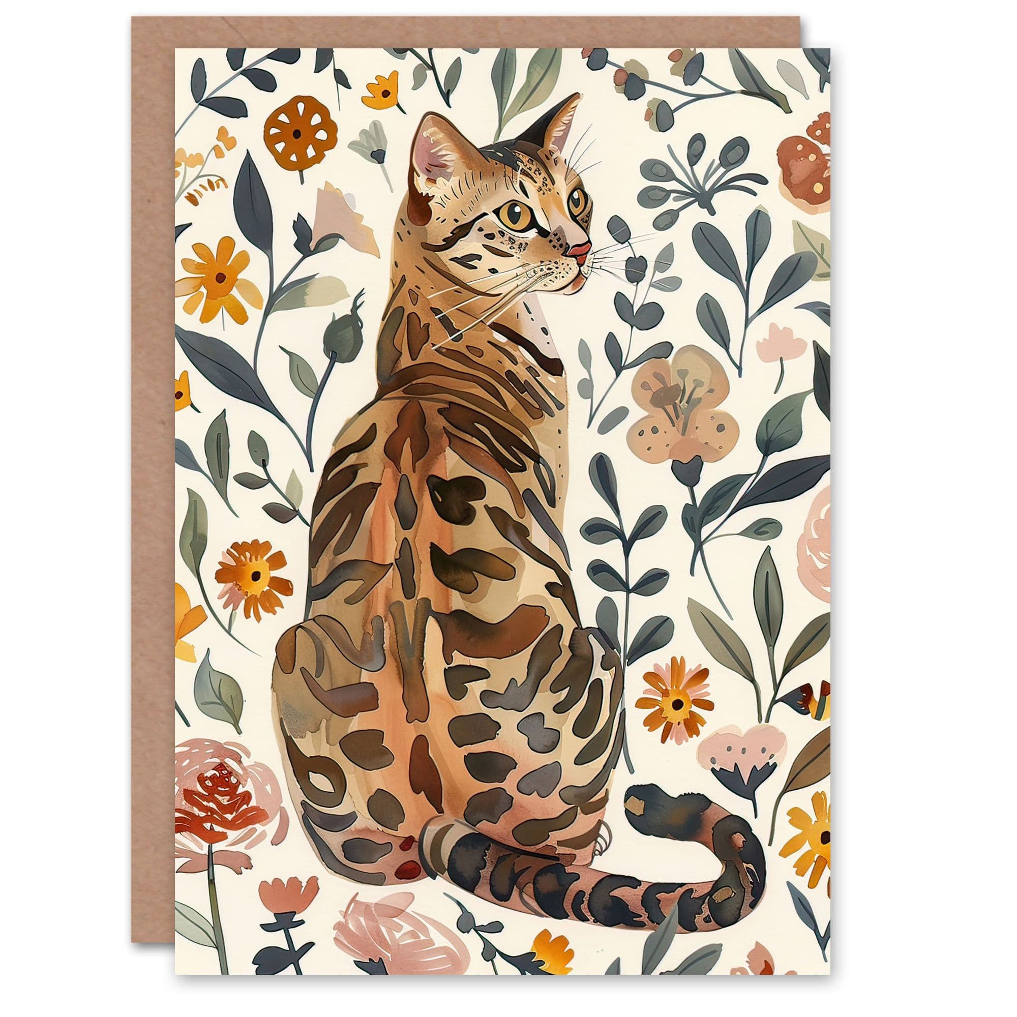 Greeting Card Cat Lover Curious Bengal Autumn Wildflowers Birthday