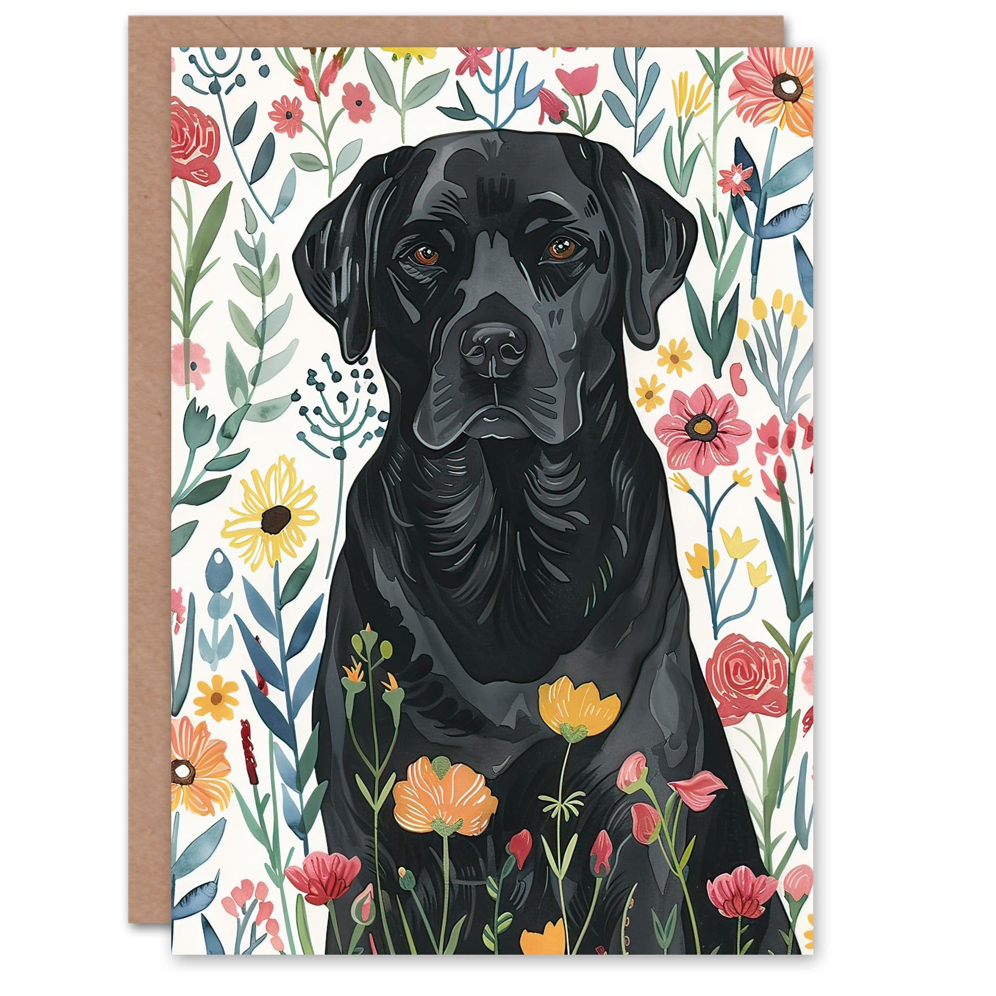 Greeting Card Dog Lover Black Labrador in Wildflower Field Birthday
