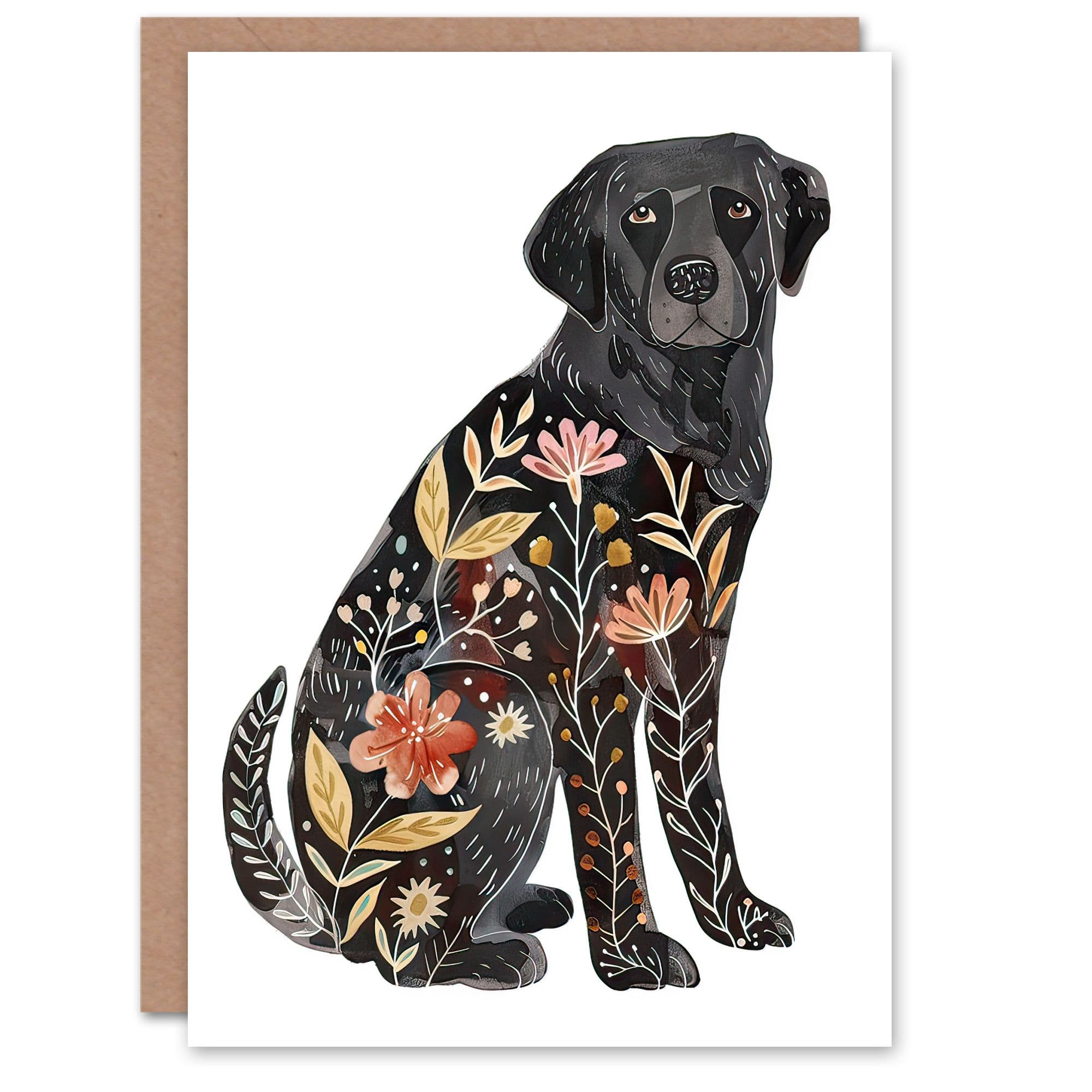 Greeting Card Floral Pattern Black Labrador Dog Lover Design Birthday