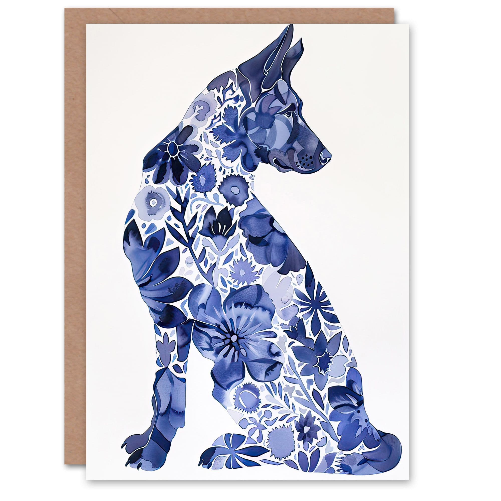 Greeting Card Blue German Shepherd Floral Pattern Watercolour Birthday