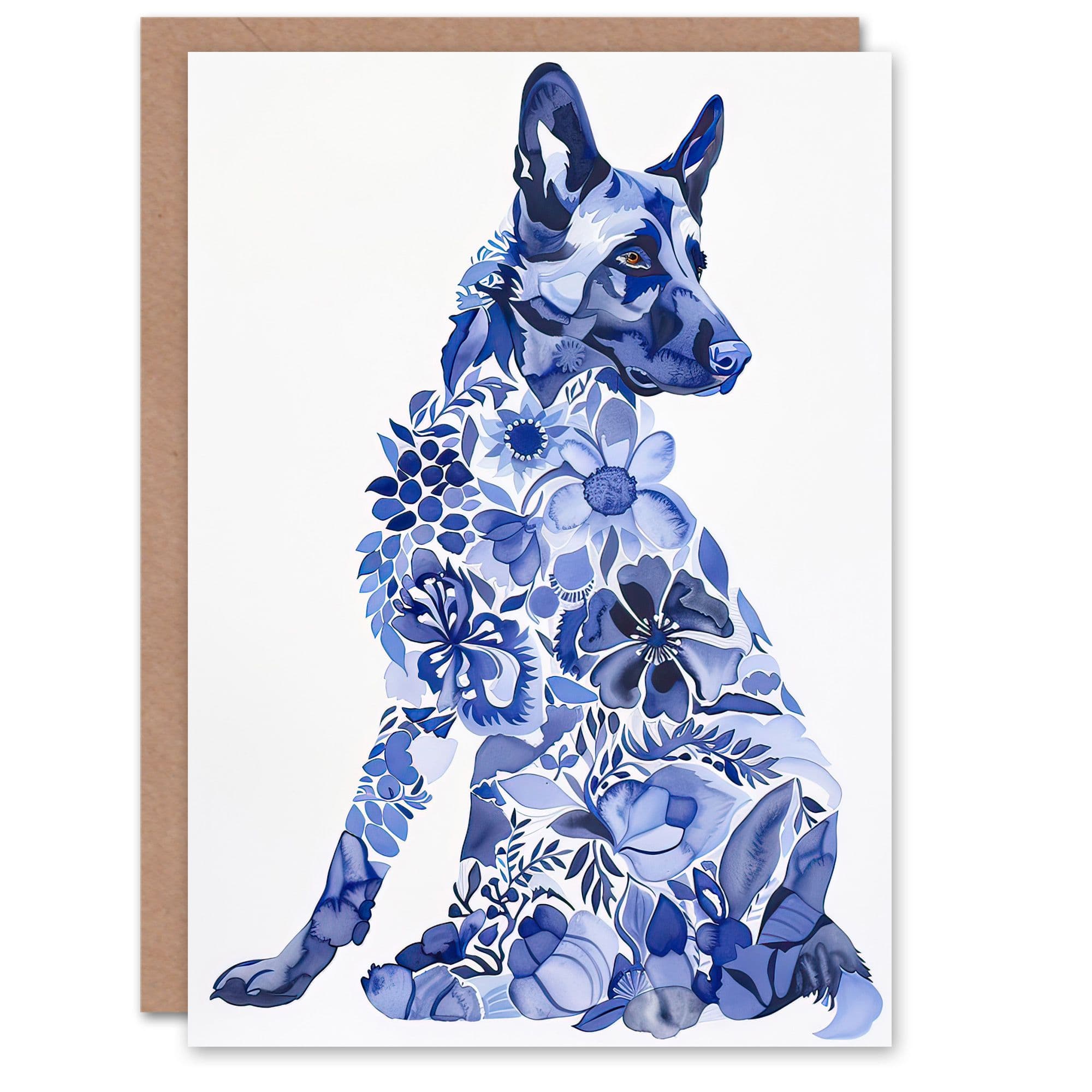 Greeting Card Dog Lover Floral Alsatian Blue Watercolour Birthday