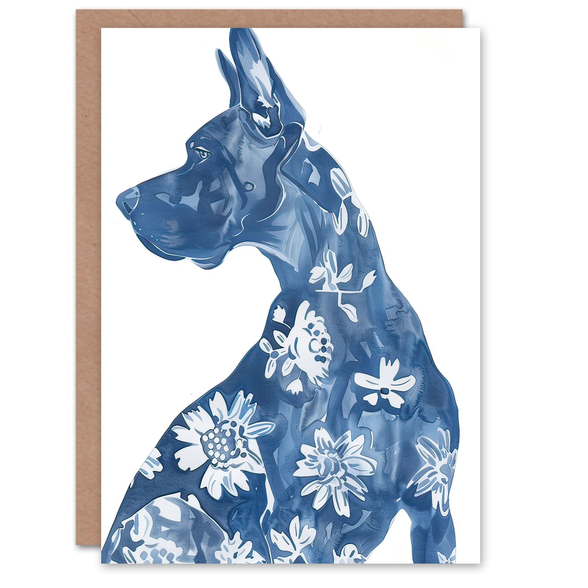 Greeting Card Dog Lover Blue Great Dane with Floral Pattern Birthday