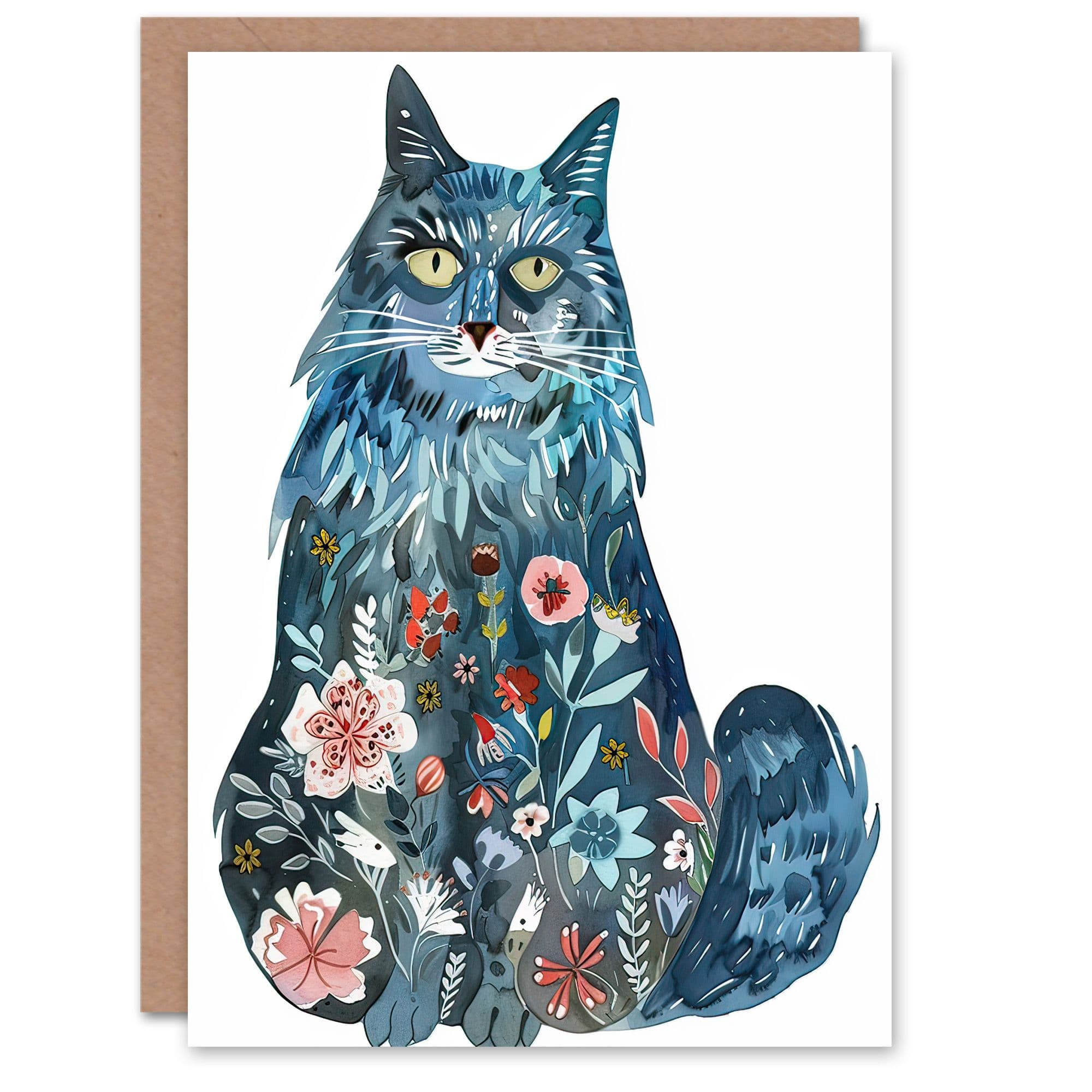 Greeting Card Cat Lover Maine Coon Flower Pattern Fur