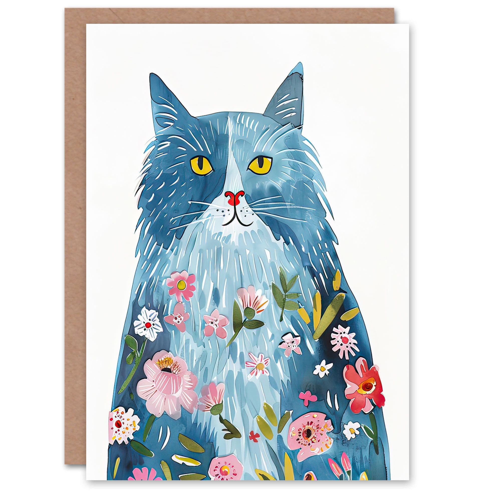 Greeting Card Smiling Cat Flowers Fur Watercolour