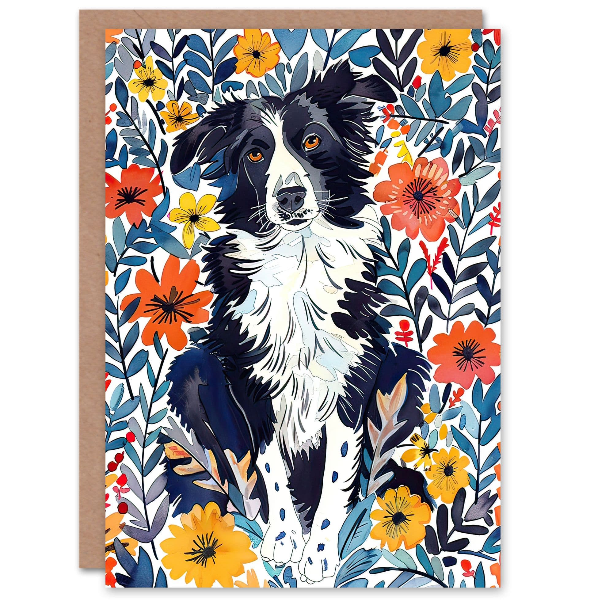 Greeting Card Border Collie Flower Field Dog Lover Watercolour