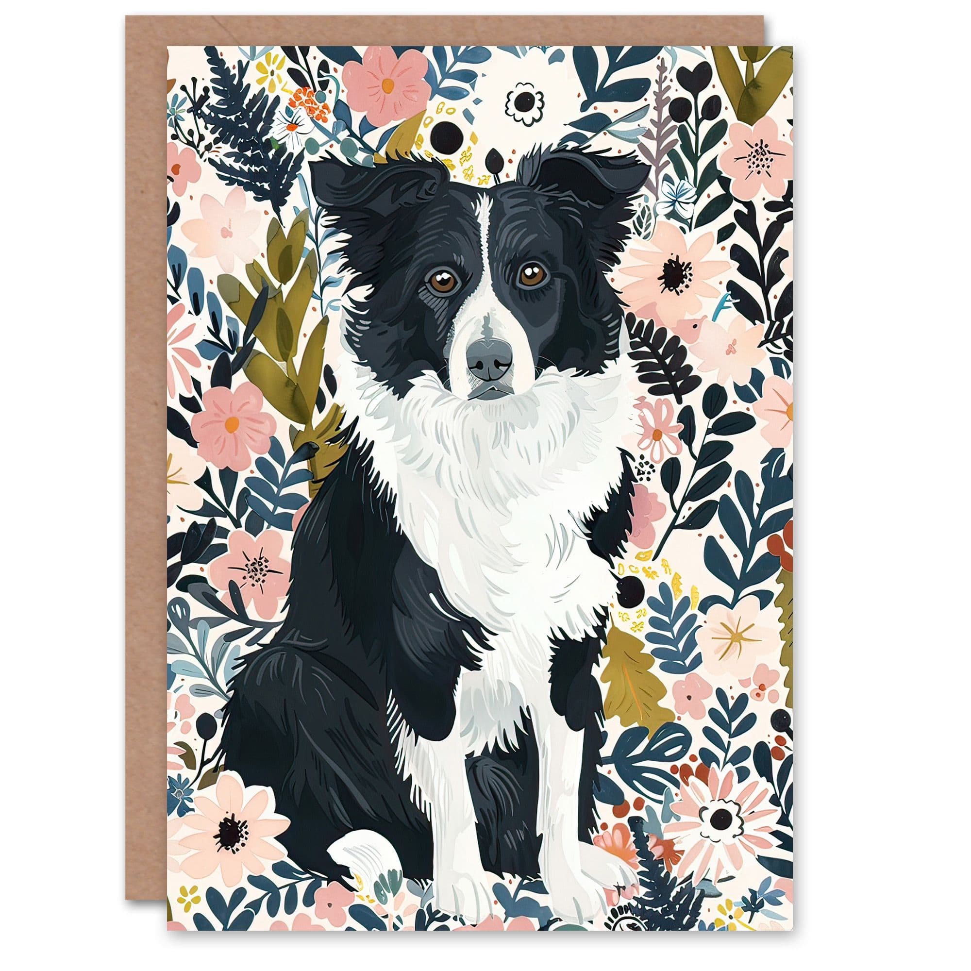 Greeting Card Border Collie Dog Lover Pink Floral Portrait Birthday