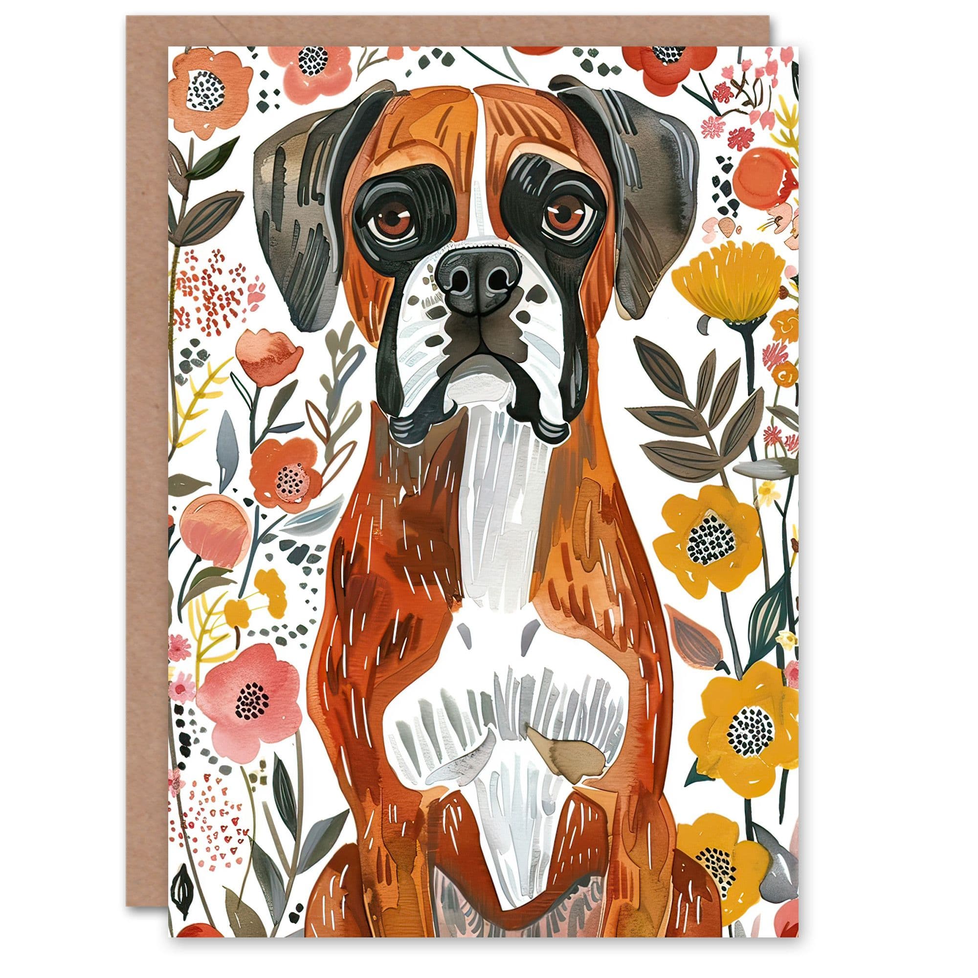 Greeting Card Boxer Dog Lover Watercolour Floral Portrait Birthday