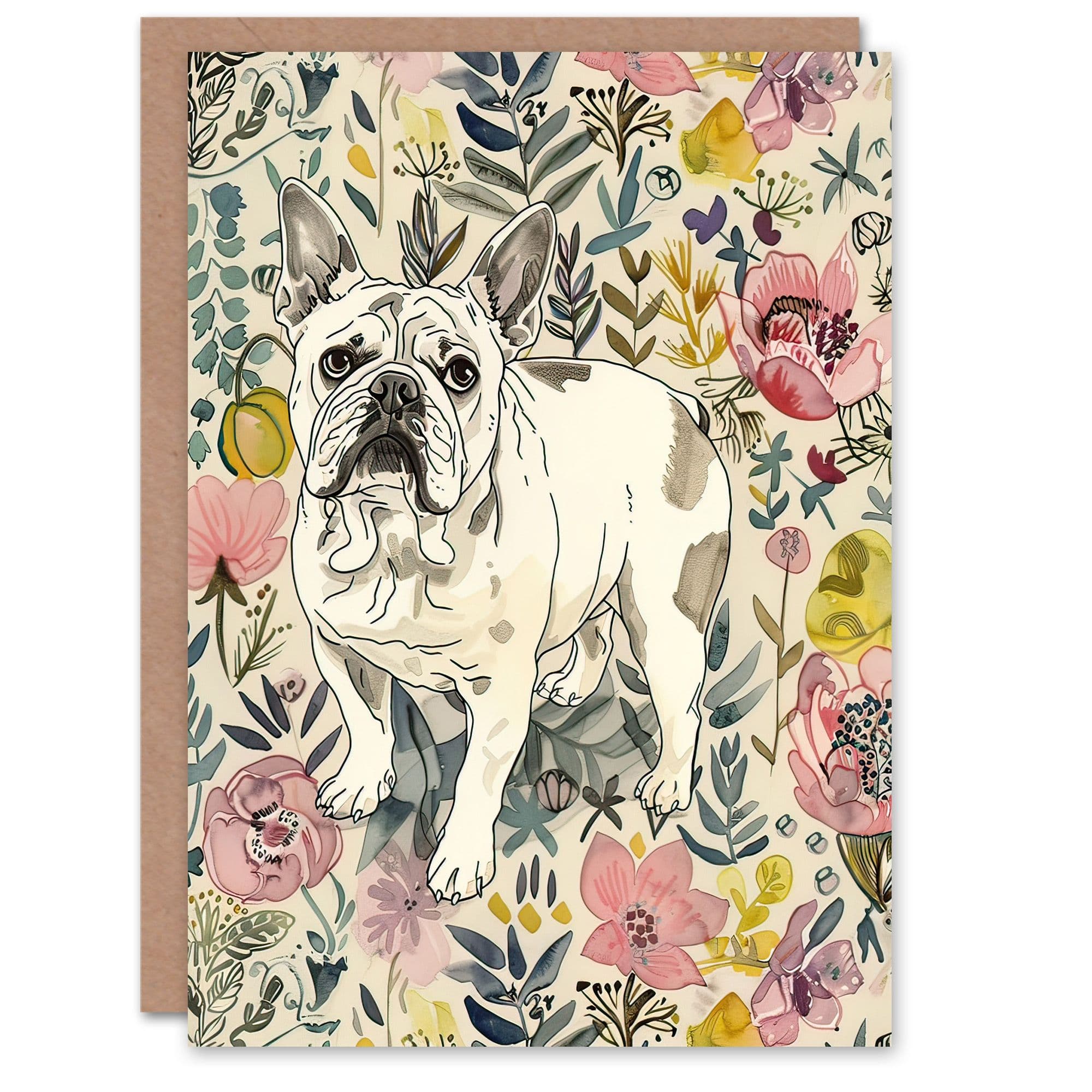 Greeting Card Cute French Bulldog Dog Lover Floral Portrait Birthday