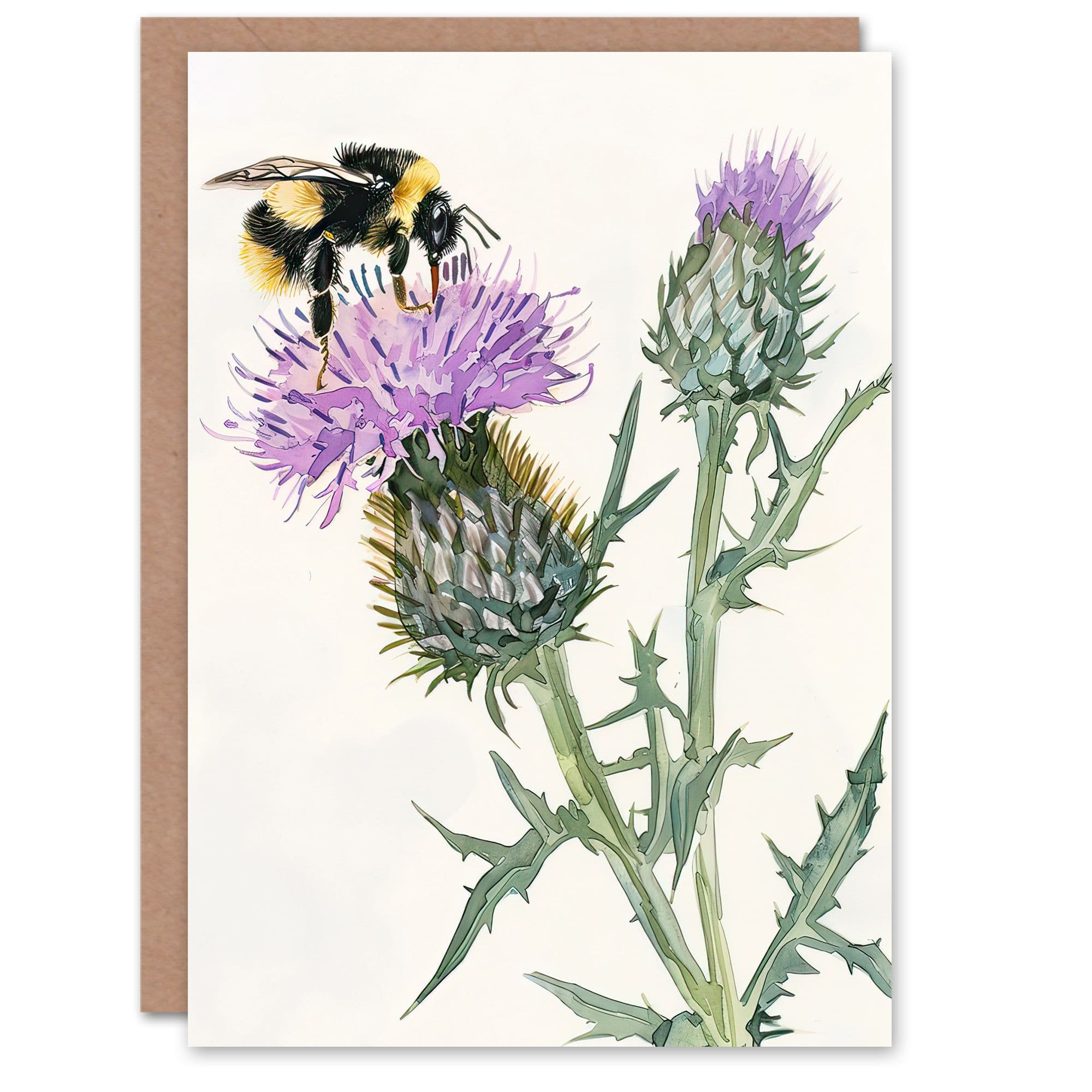 Greeting Card Watercolour Bumblebee on Scottish Thistle Flower