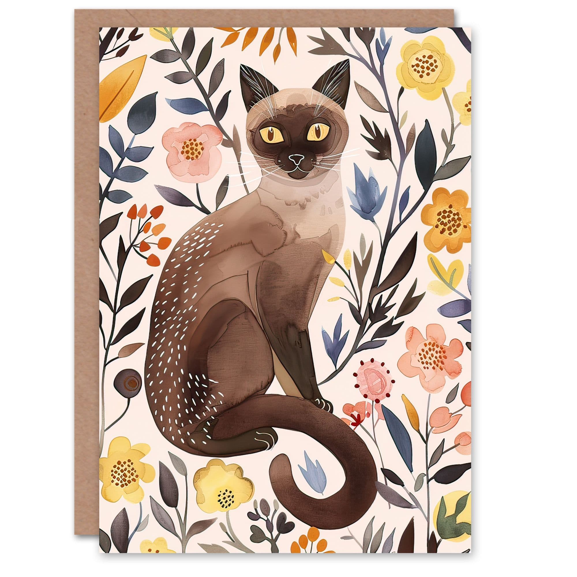 Greeting Card Burmese Cat Lover Watercolour Wildflower Portrait