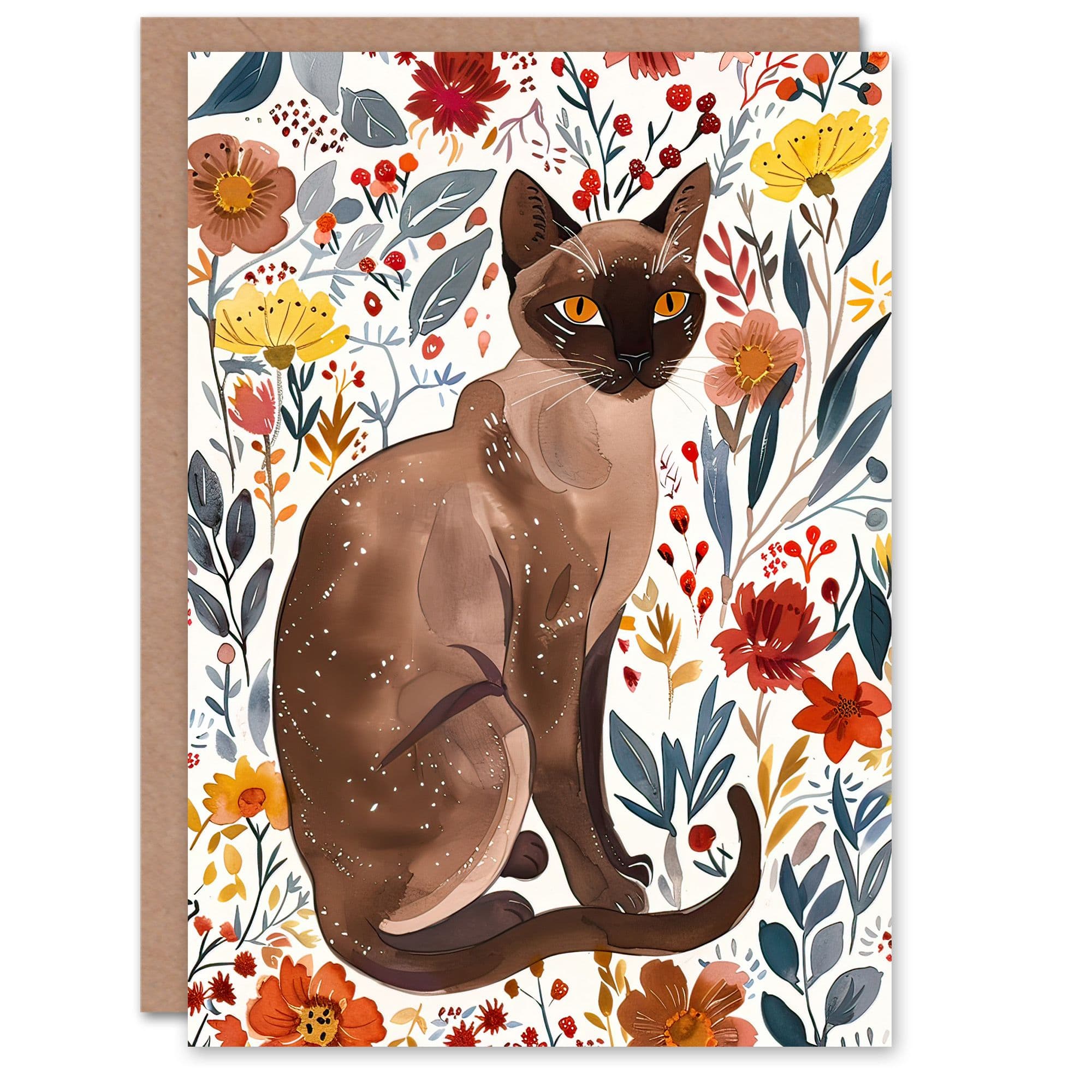 Greeting Card Burmese Cat Lover Watercolour Autumn Wildflowers