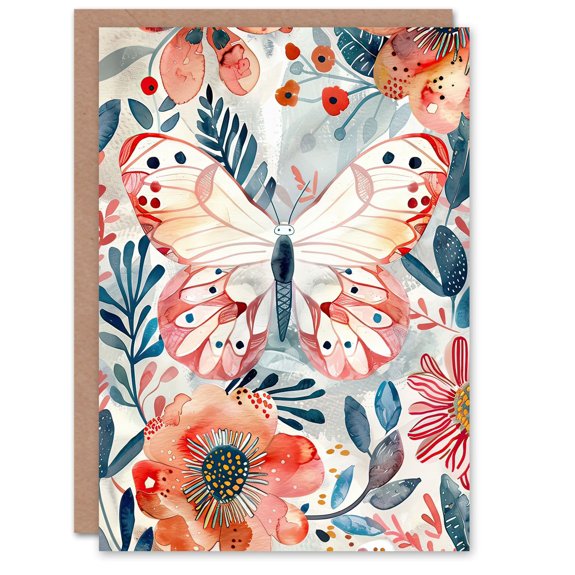 Greeting Card Butterfly Red Floral Watercolour Folk Art Birthday