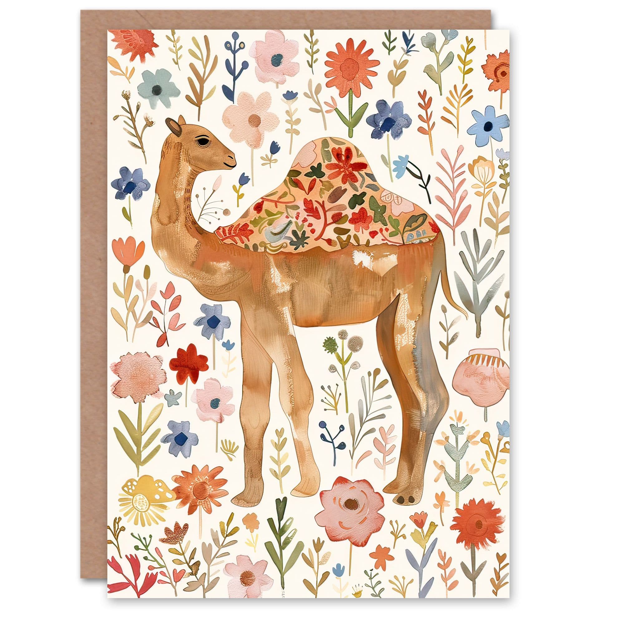 Greeting Card Happy Camel With Floral Pattern Watercolour Birthday