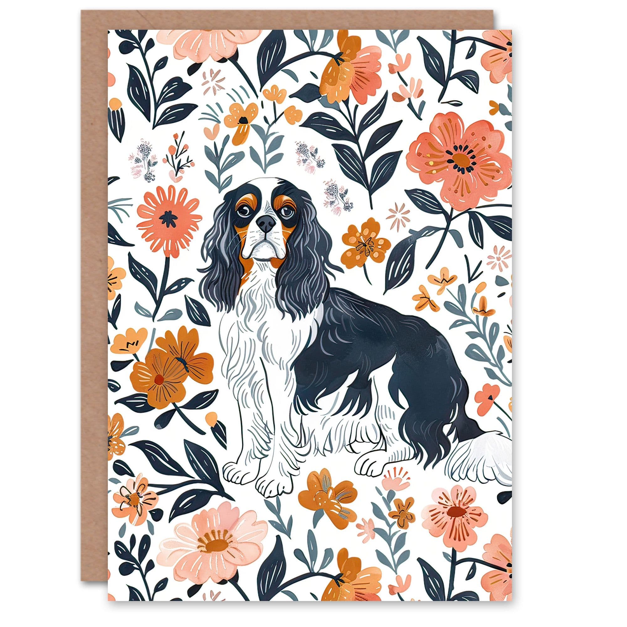 Greeting Card Cavalier King Charles Spaniel in Floral Pattern Birthday