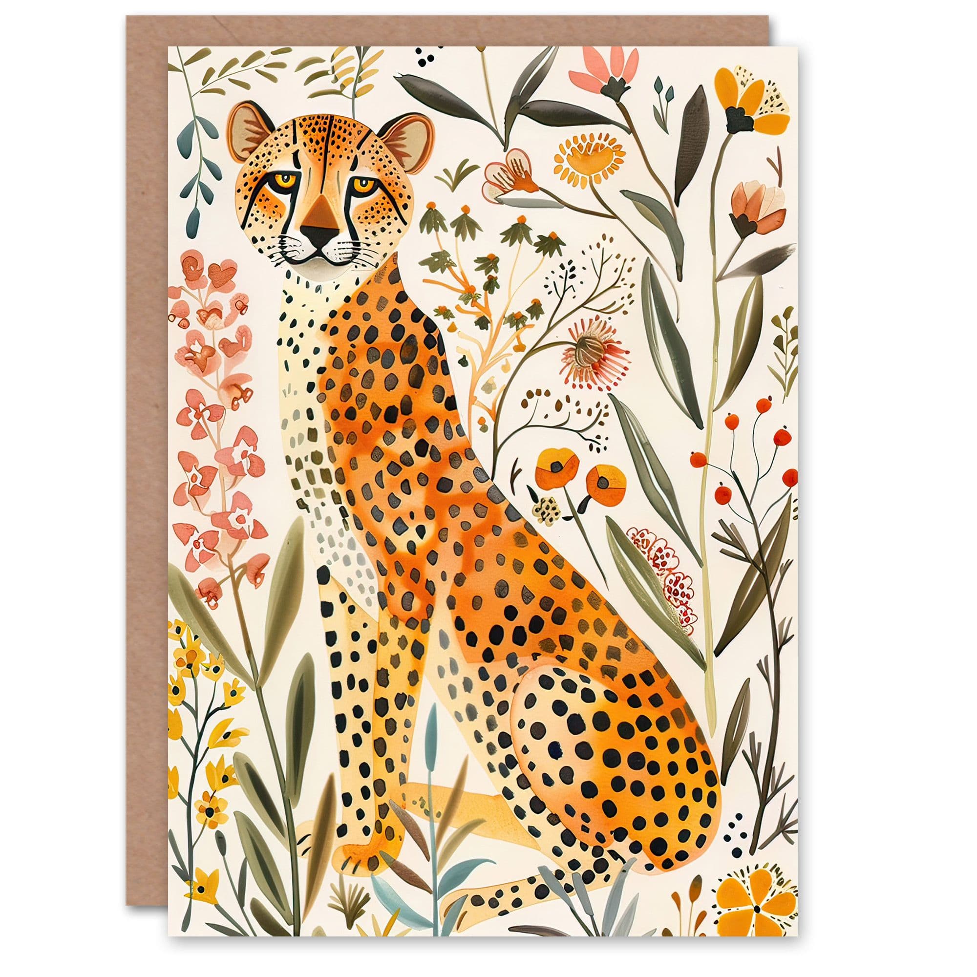 Greeting Card Happy Cheetah with Wildflowers Watercolour Birthday
