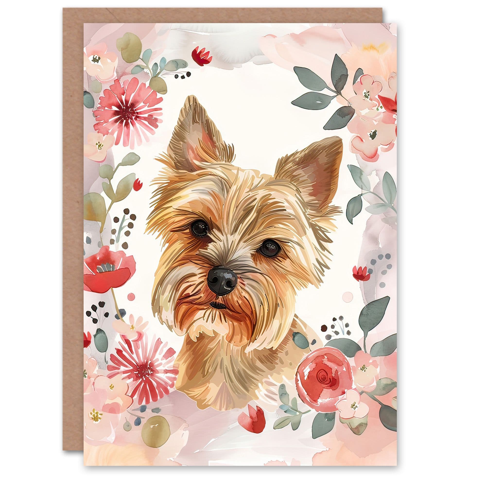 Greeting Card Cute Teacup Yorkshire Terrier Dog Pink Floral Birthday