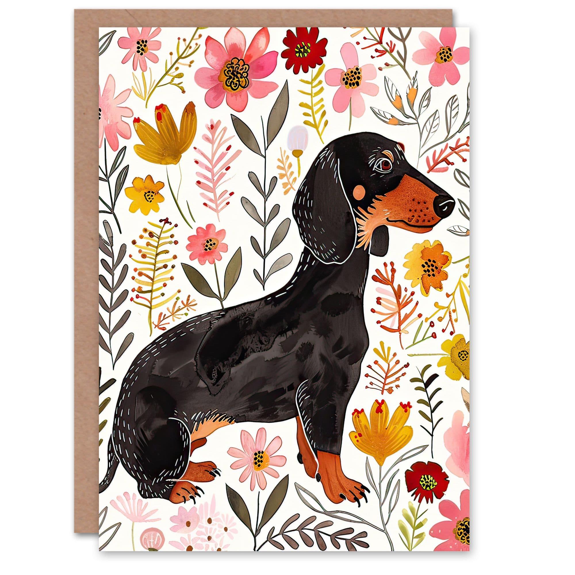 Greeting Card Dachshund Sausage Dog Lover Floral Watercolour Birthday