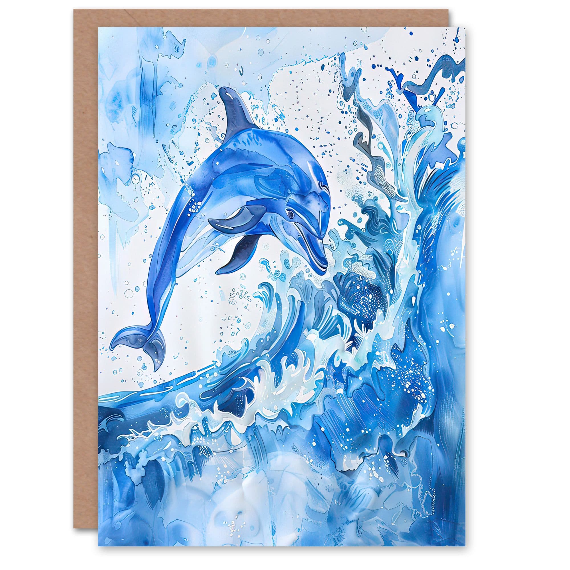 Greeting Card Playful Dolphin Ocean Waves Splash Watercolour
