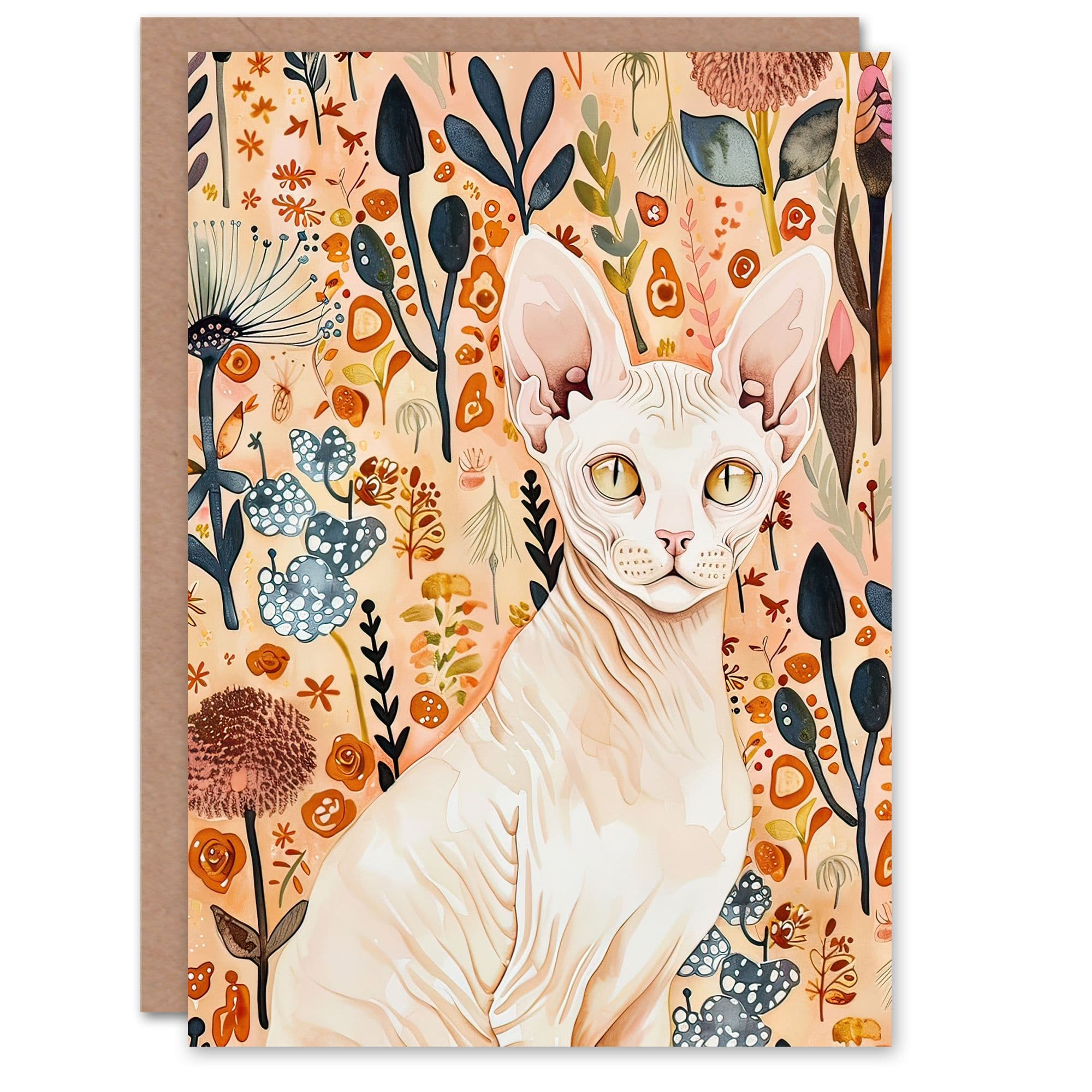 Greeting Card Sphynx Cat Autumn Wildflowers Watercolour Birthday